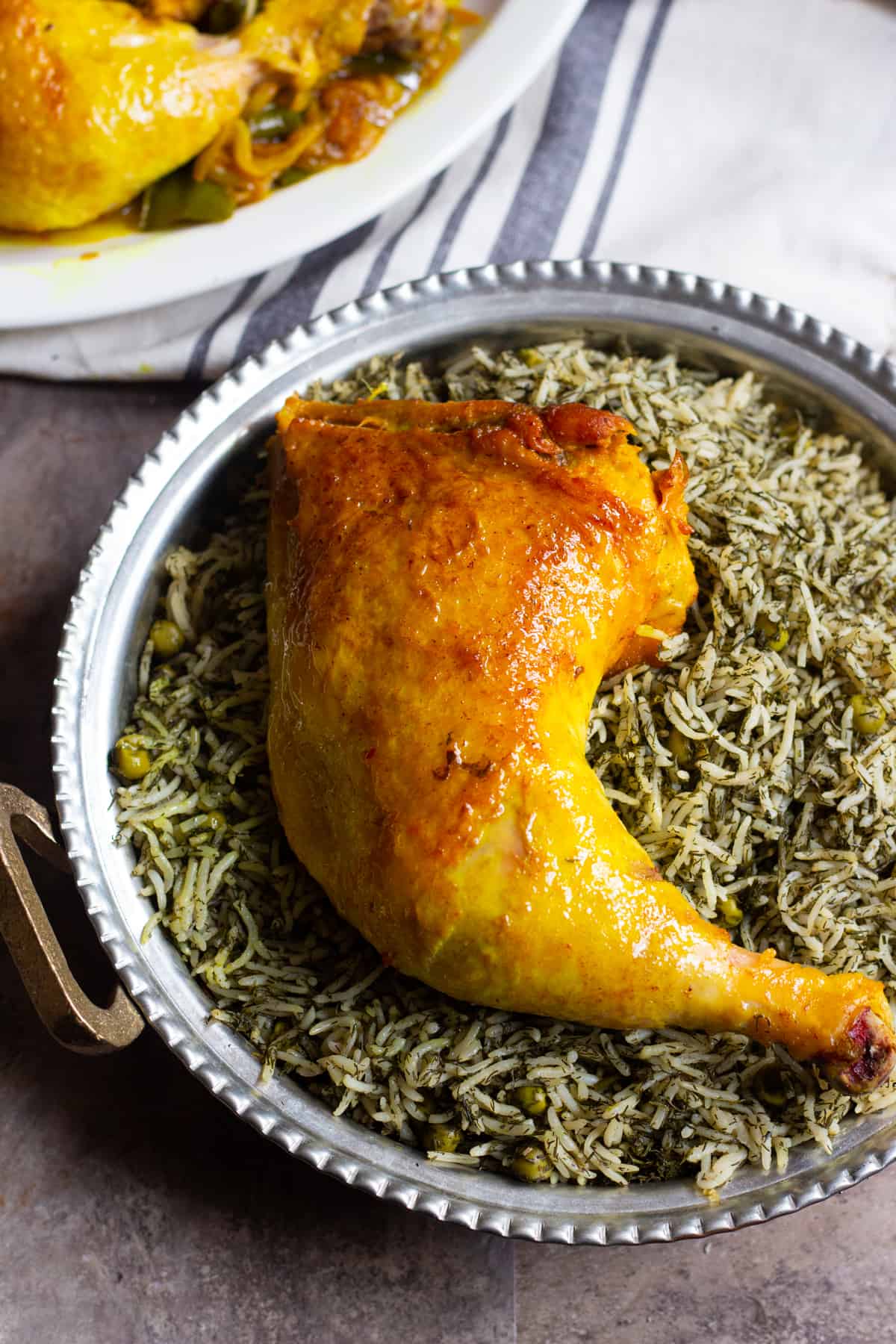 You can serve Dill rice and peas with Persian saffron chicken.