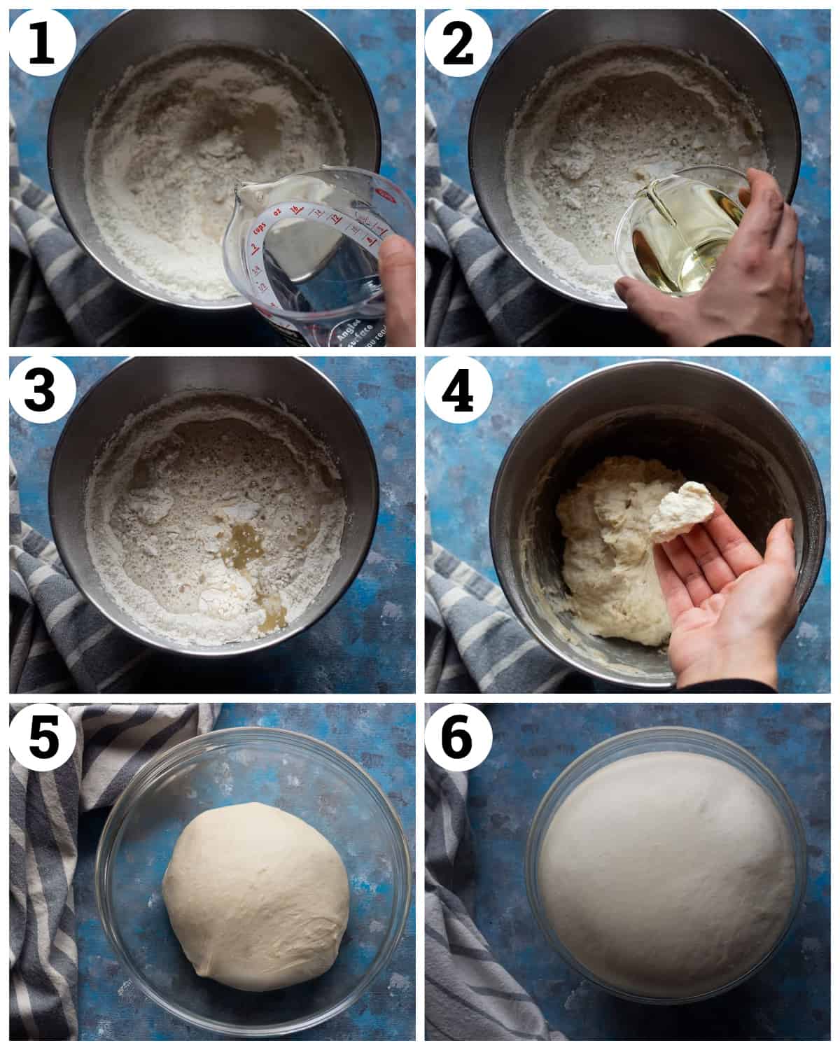 Start by placing 4 cups of flour, yeast, salt and sugar in a stand mixer bowl. Add in warm water and vegetable oil.