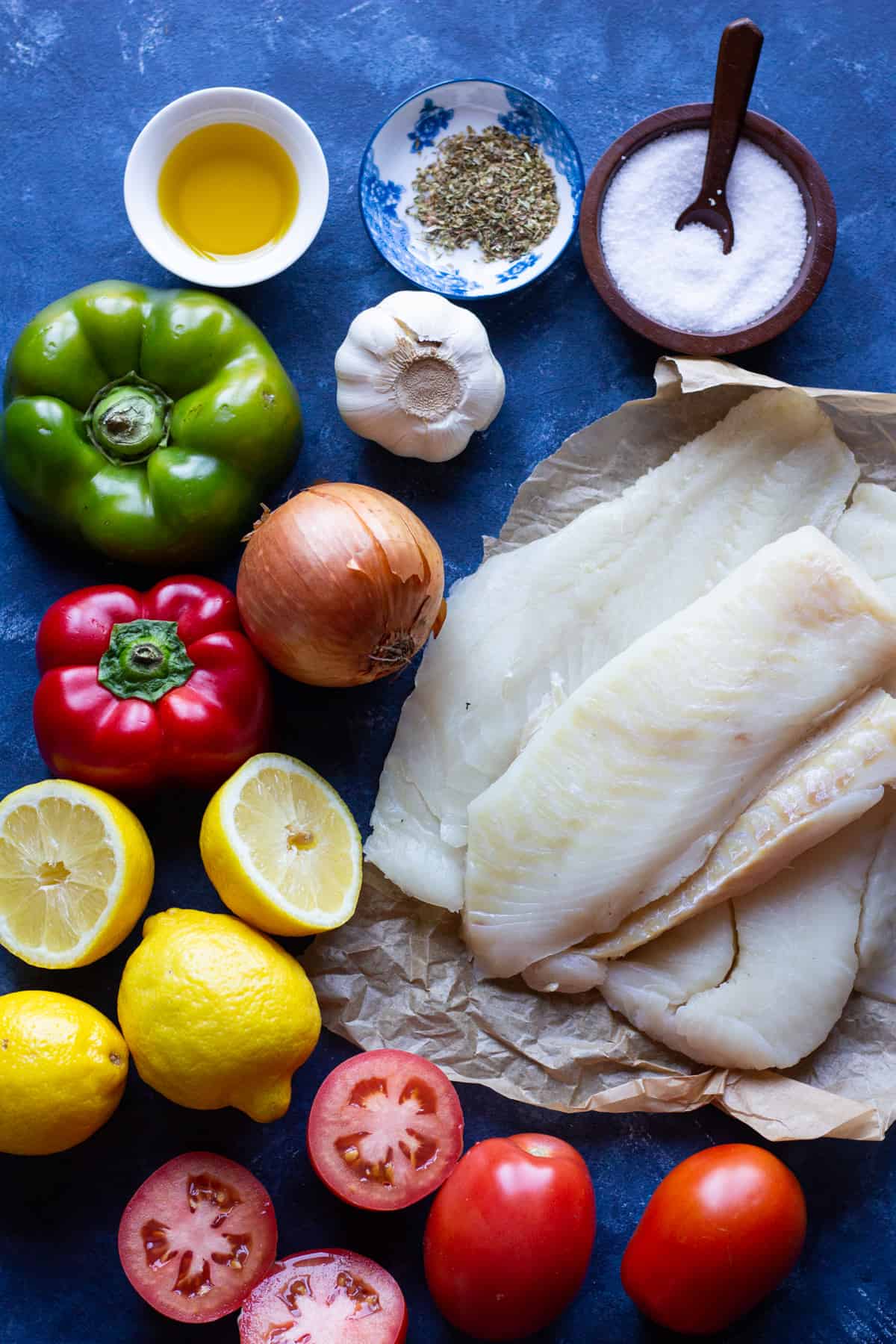 ingredients contain cod, onion, garlic, peppers, spices and lemon. 