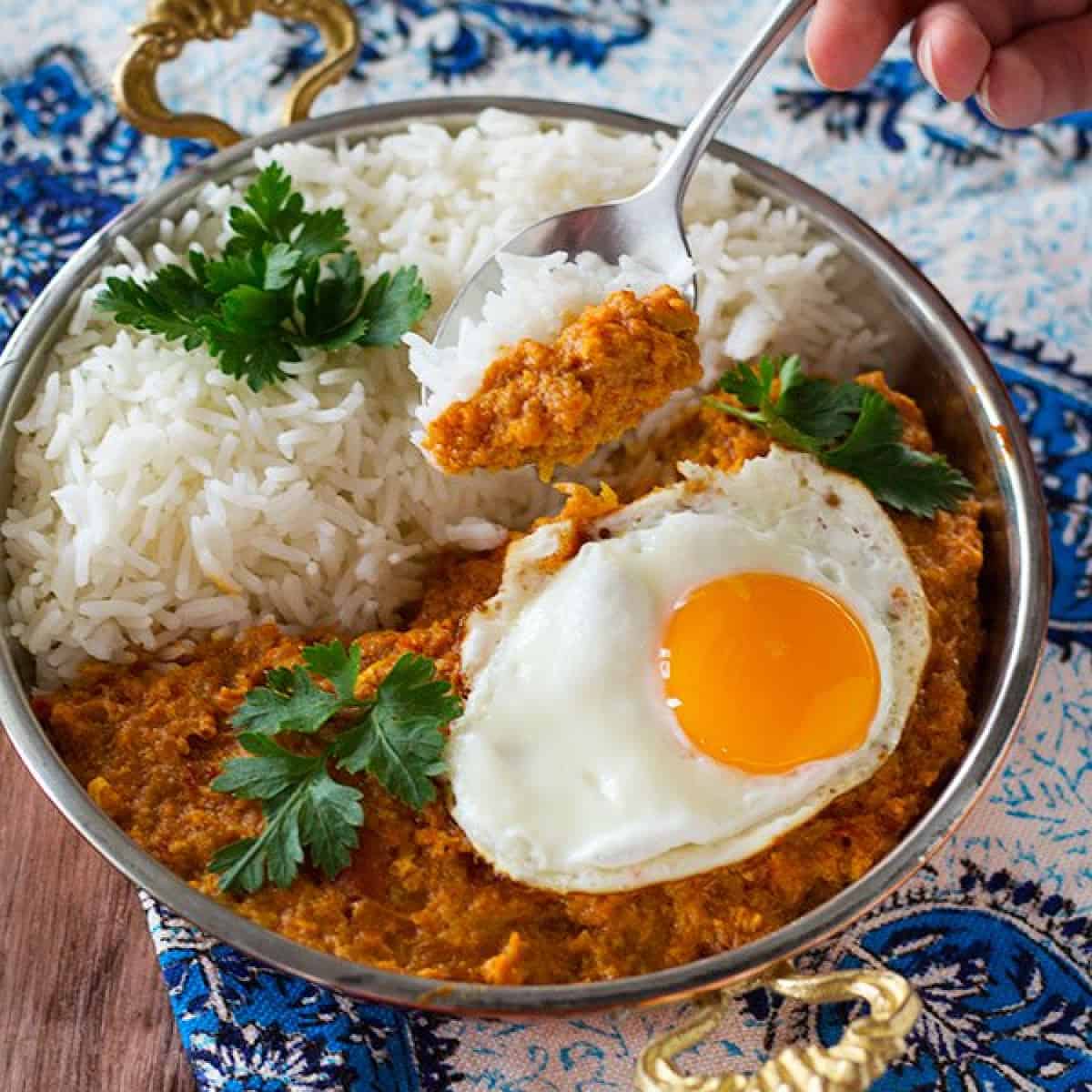 A spoon serving rice and mirza ghasemi. 