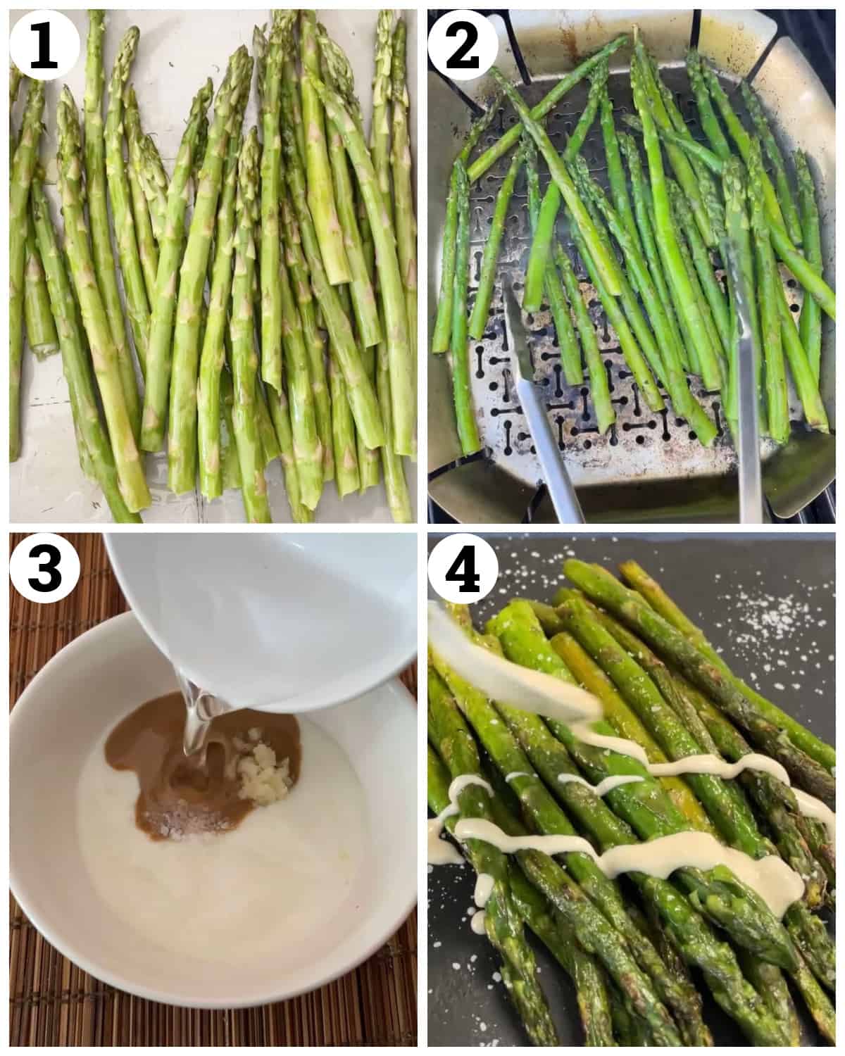 Season the asparagus with salt and pepper then grill and top with tahini yogurt sauce.