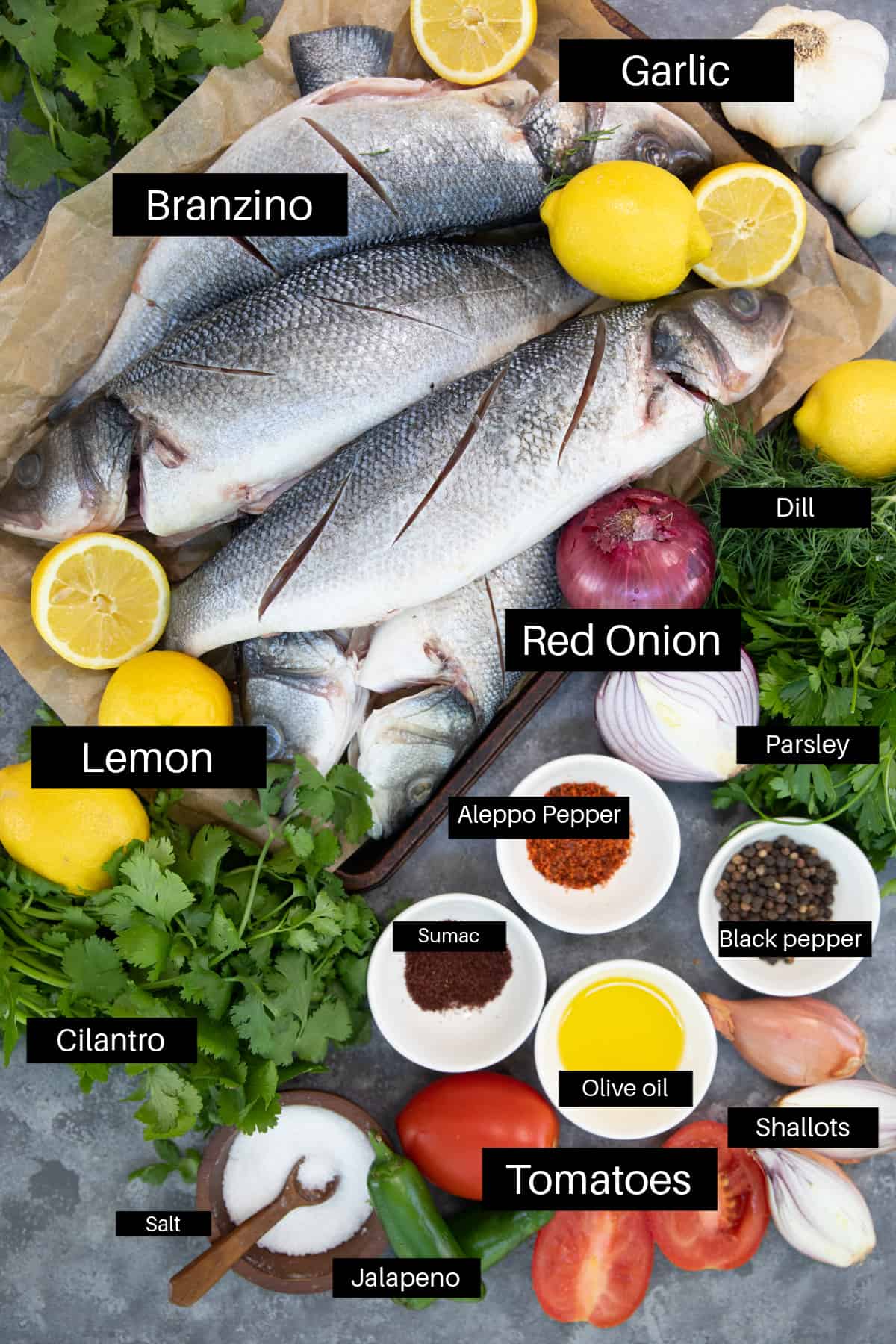 ingredients to make grilled whole branzino. 