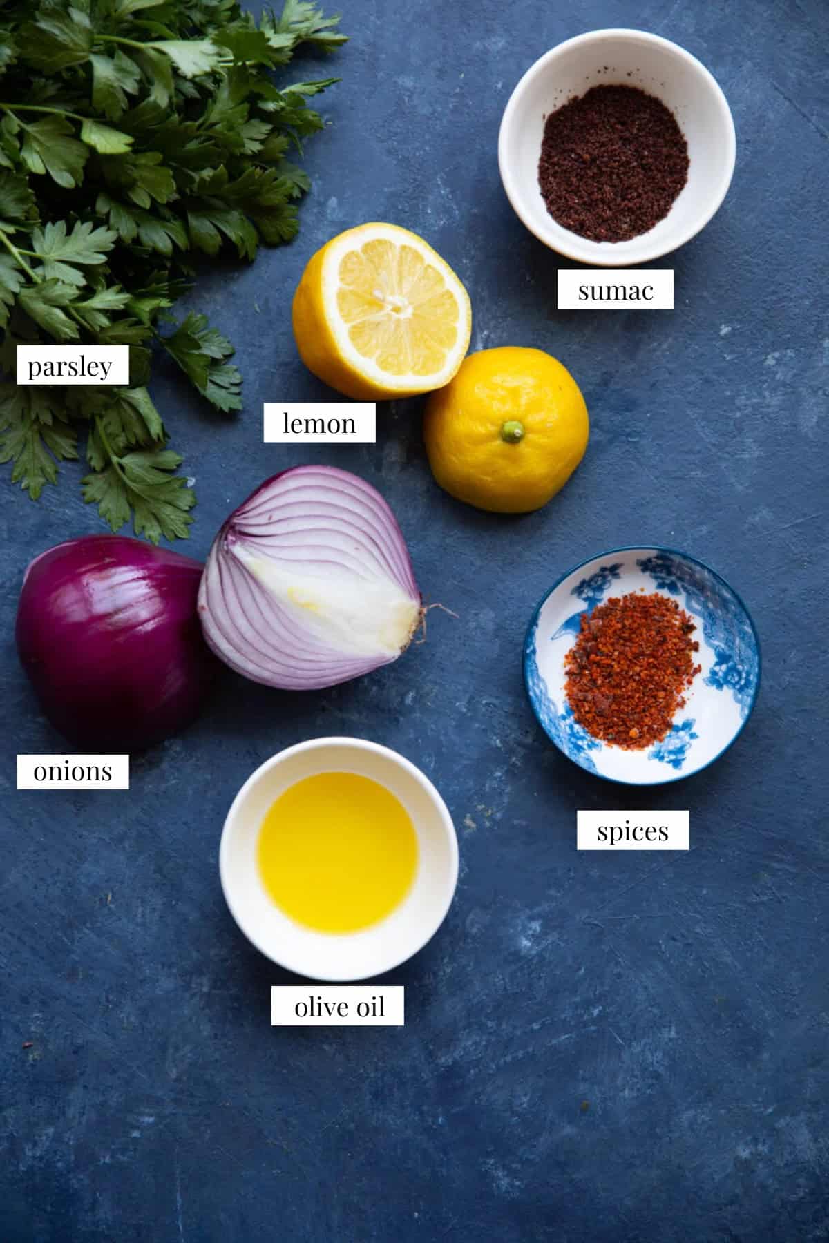 To make Turkish onion and sumac, you need red onion, olive oil, sumac, lemon, parsley and aleppo pepper.