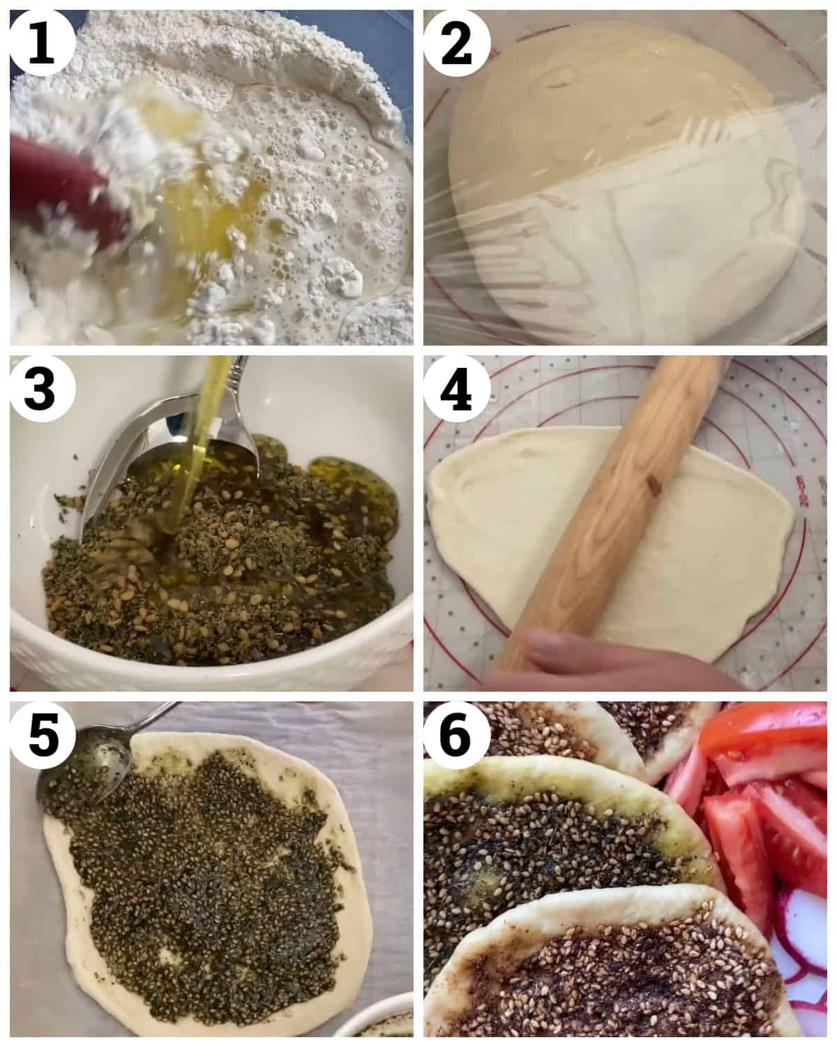 make the dough and let it rise, roll out and spread with the mix of zaatar and olive oil. Bake in the oven and serve. 