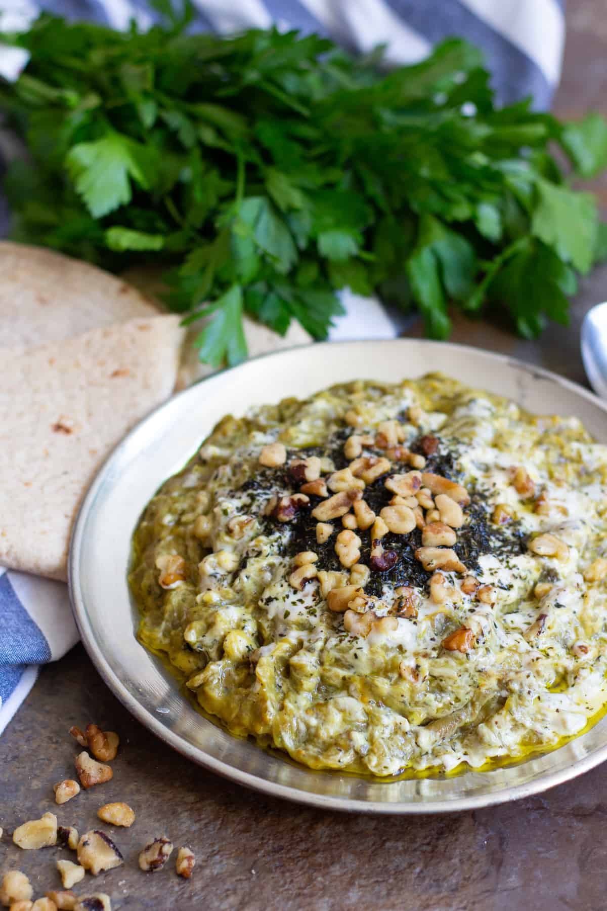 Kashke Bademjan is an easy Persian eggplant dip made of eggplants, kashk, onion and garlic.