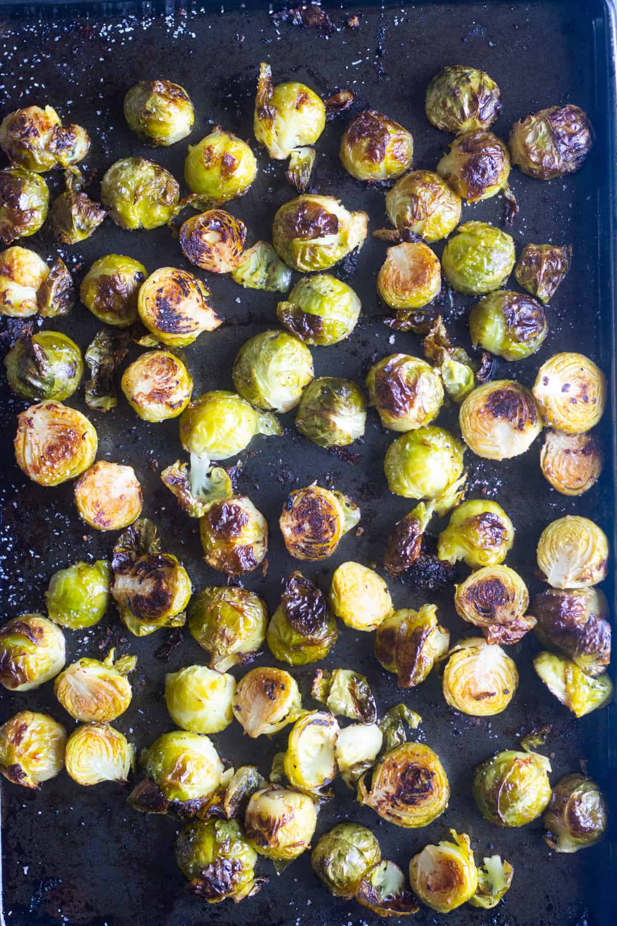 Roasted brussel sprouts on a baking sheet 