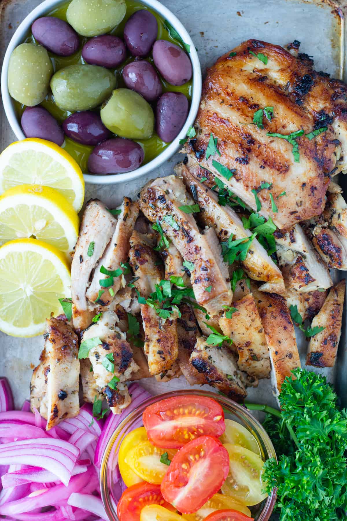 Marinated chicken can be grilled or seared in a pan.