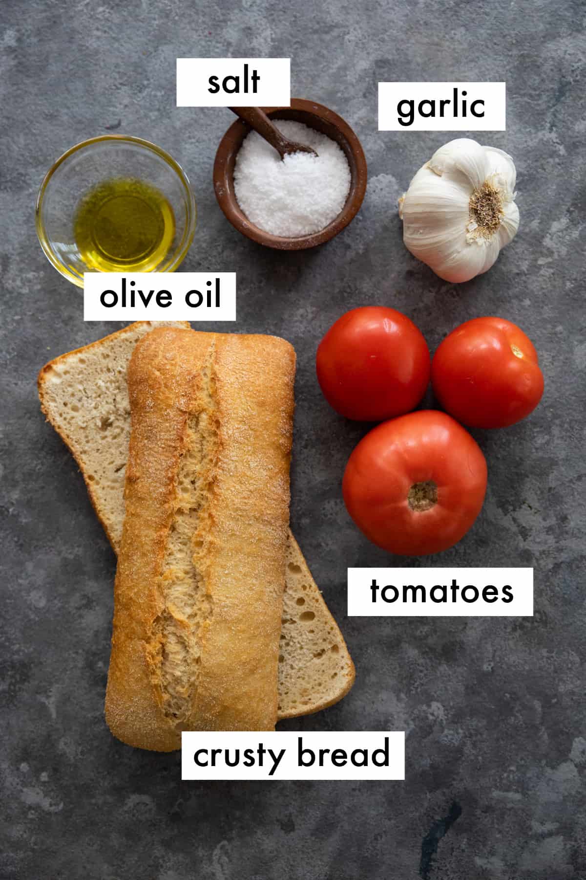 to make pan con tomate you need bread, tomato, garlic, olive oil and salt, 