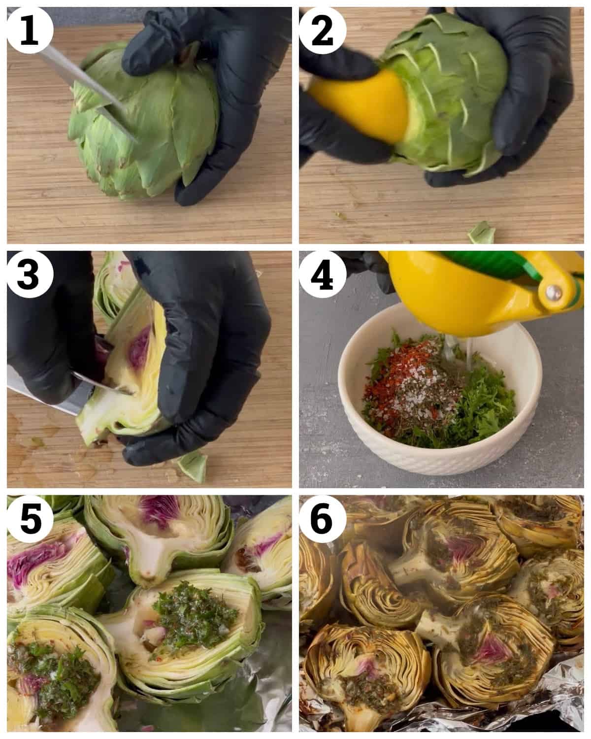 Slice the artichoke then rub with lemon and cut in half. Remove the choke and marinate then roast in the oven. 