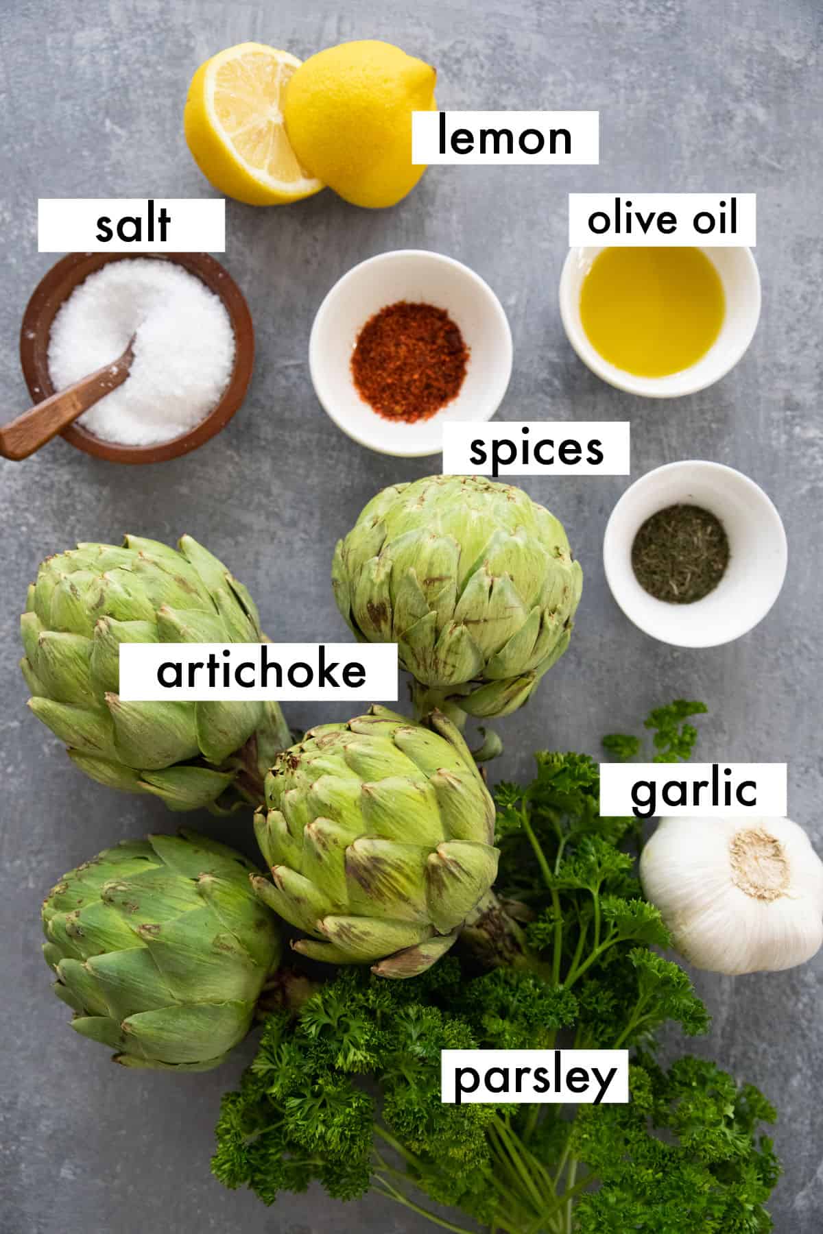 ingredients to make this recipe are artichokes, olive oil, lemon juice, parsley, garlic and spices. 