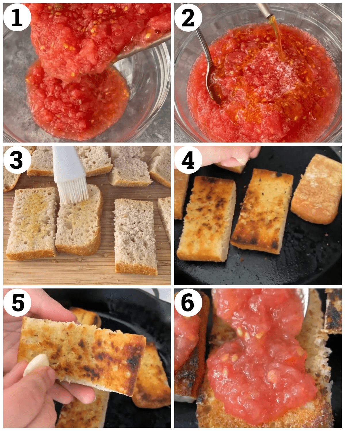 grate the tomatoes and mix with olive oil. Toast the bread and rub with garlic then top with tomatoes. 