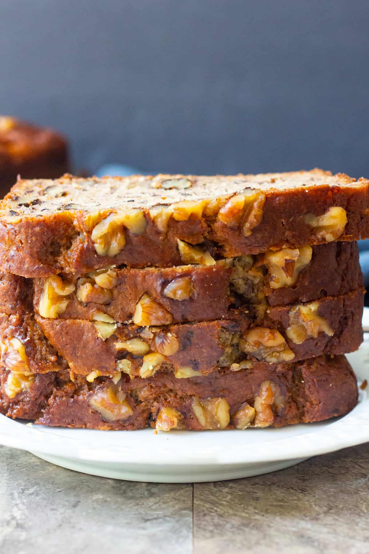 slices of banana bread with applesauce stacked on top of each other. 