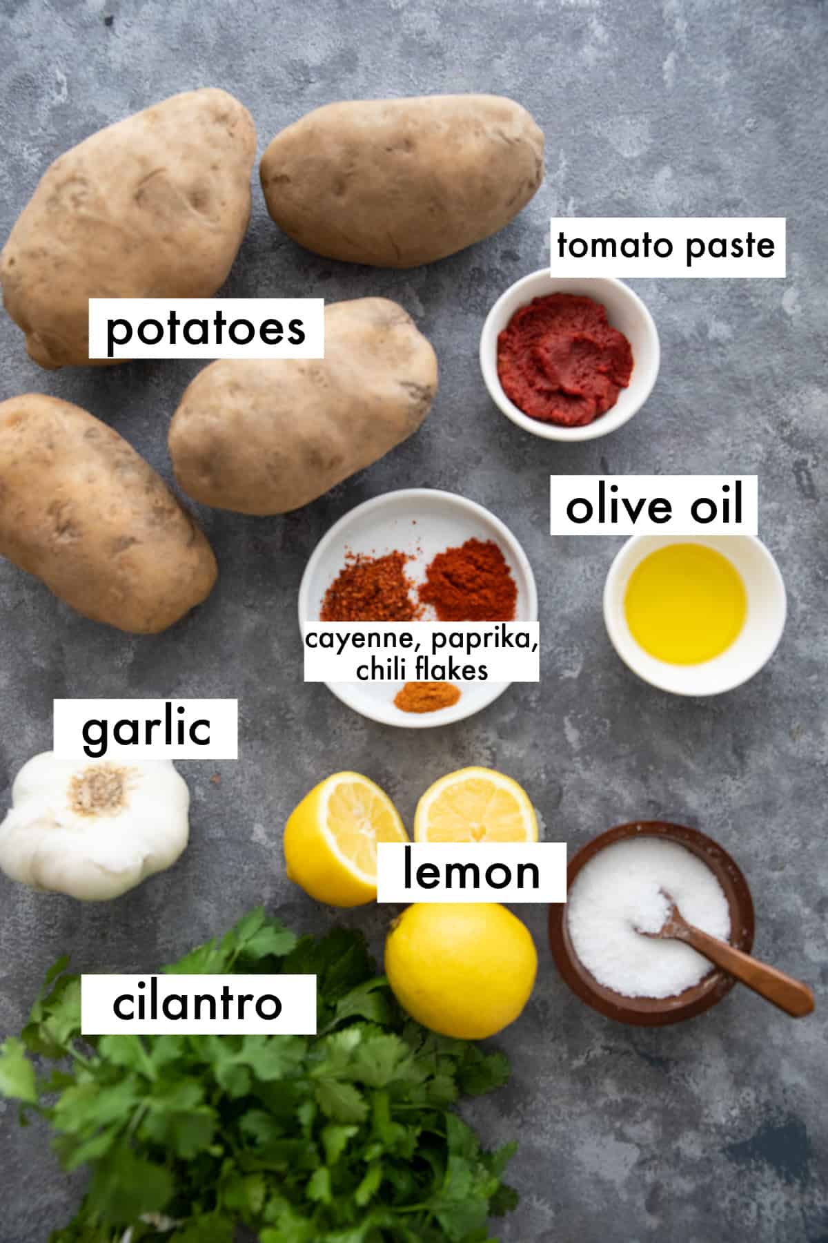 To make batata harra you need potatoes, spices, cilantro,olive oil and garlic. 
