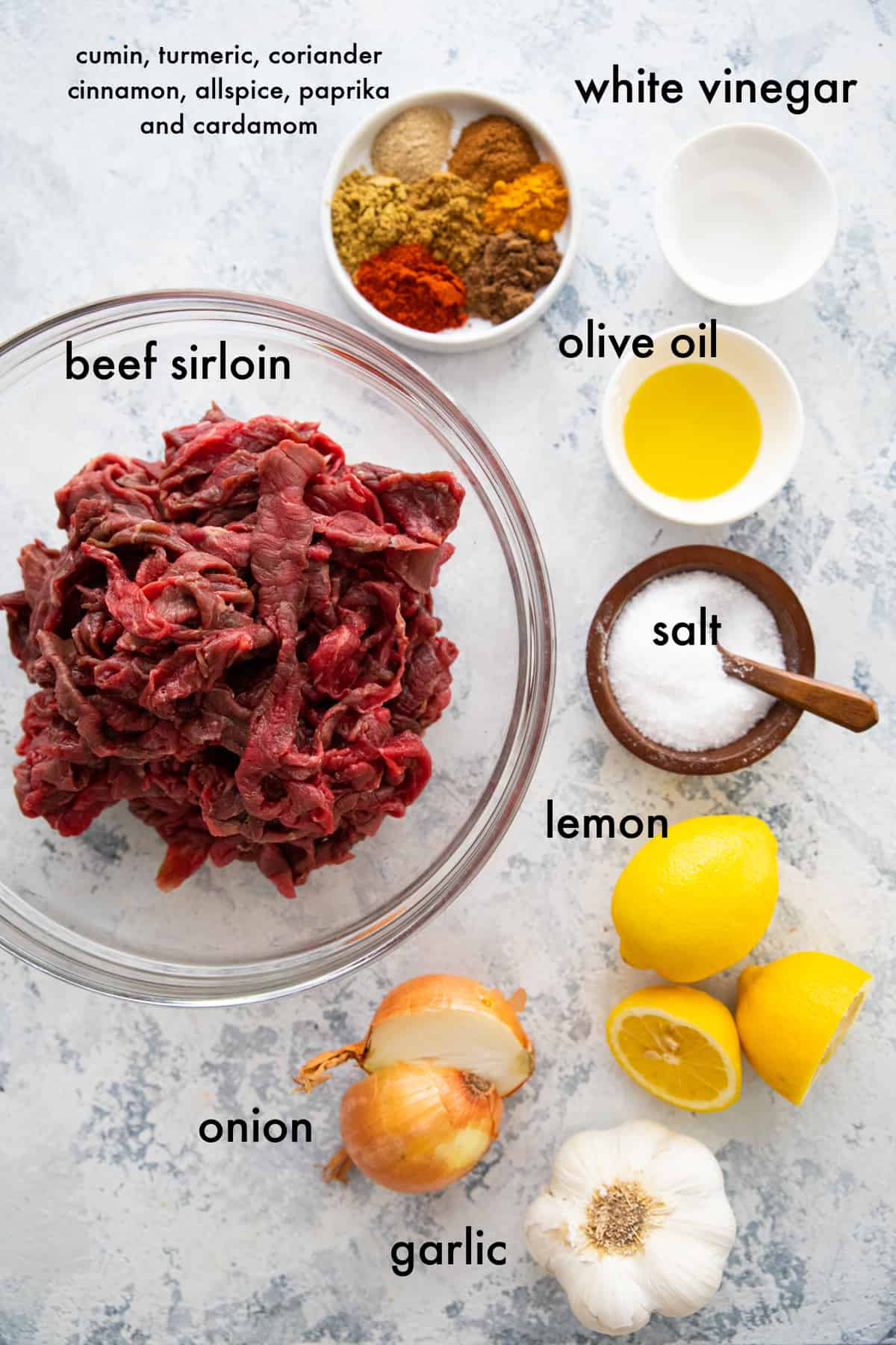 To make this middle eastern street food you need beef, spices, onion, lemon, garlic, olive oil and vinegar. 