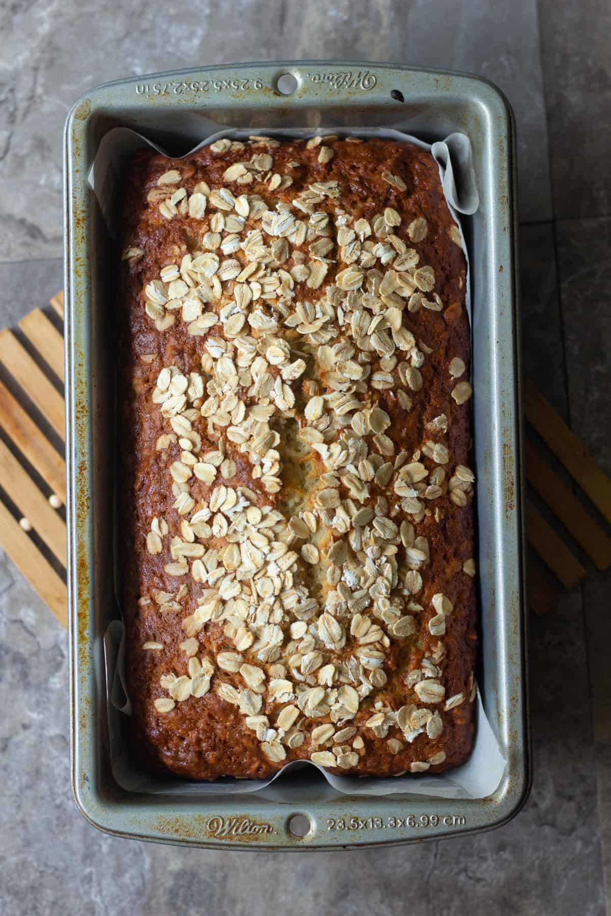 Let easy banana bread cool in the pan for ten minutes. 