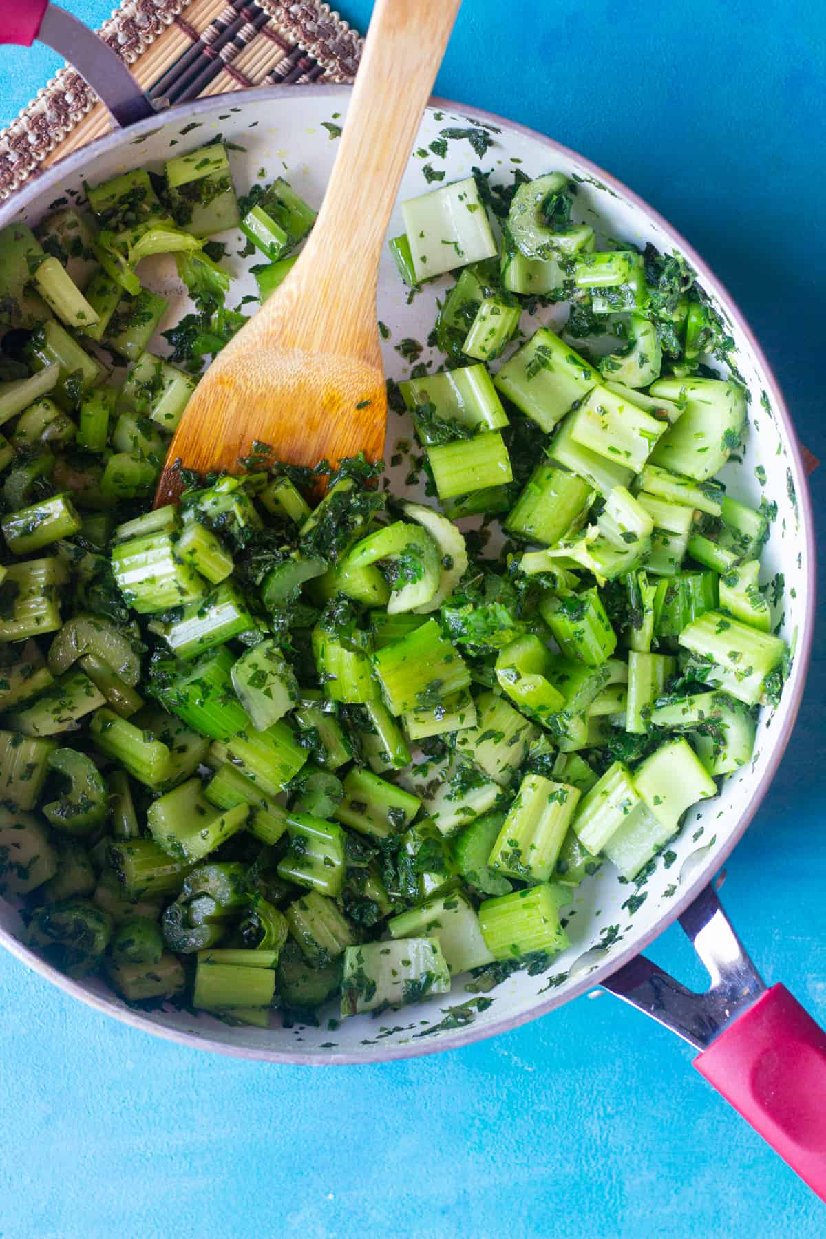 saute celery, parsley and mint in some olive oil. 