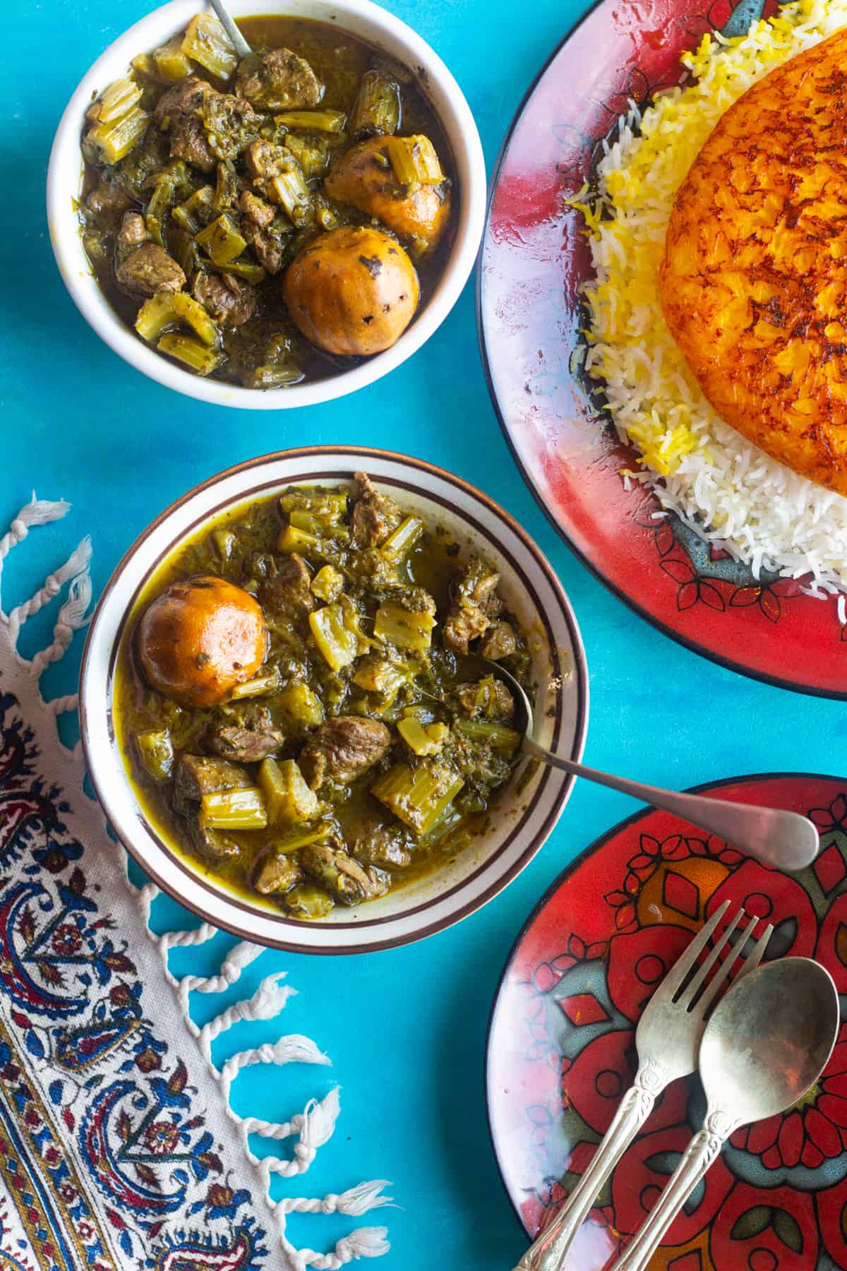 Persian celery stew also known as khoresht karafs is a delicious Iranian stew made with celery stalks and herbs. This easy Persian stew can be made vegetarian as well.