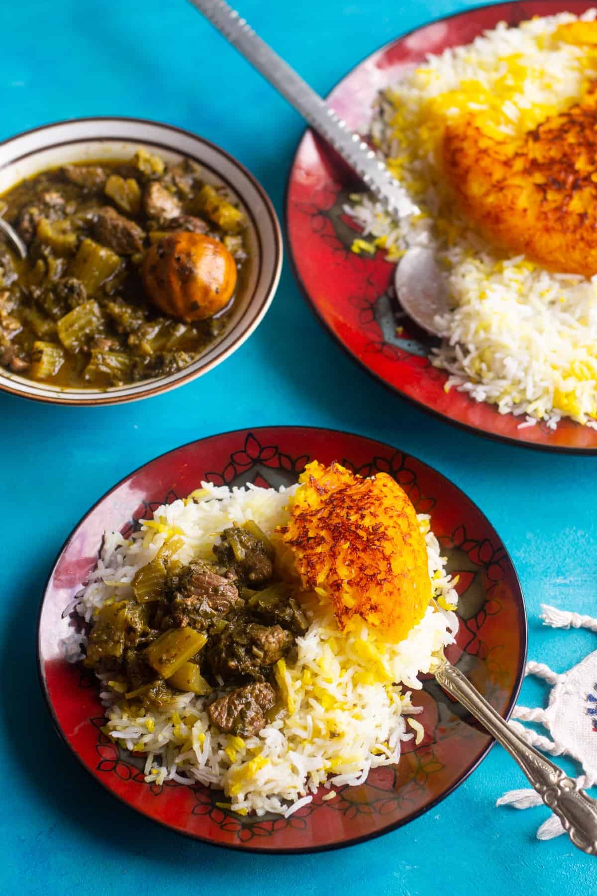 Serve rice and celery stew khoresht karafs on a plate. 