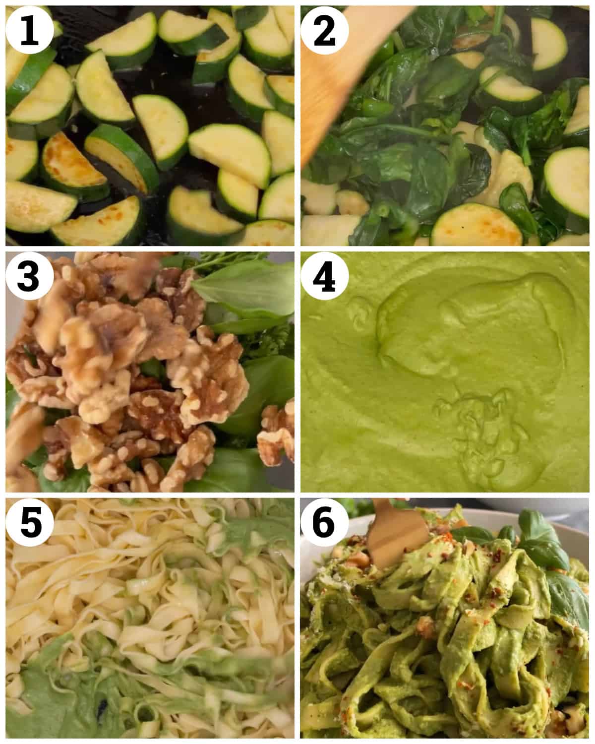 saute zucchini and spinach then mix with garlic, jalapeno, olive oil, walnuts, basil, parsley and parmesan. Mix it with the cooked pasta and serve.
