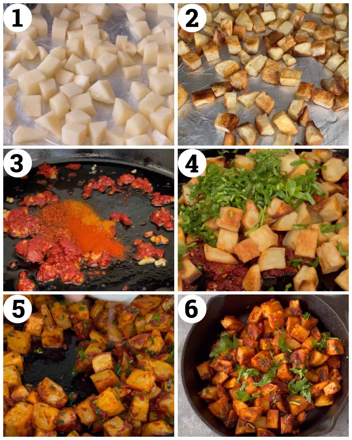 roast the potatoes, make the spicy sauce and toss. Finish with lemon juice. 