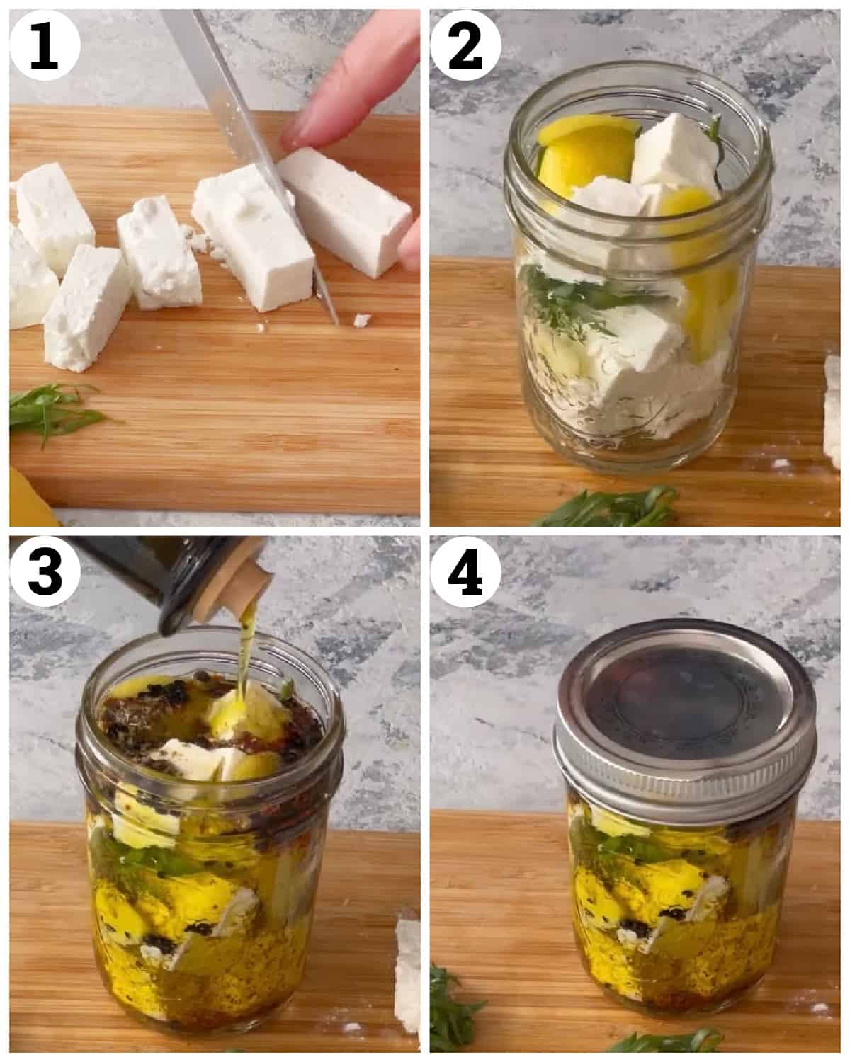 cut the feta into cubes and place in a jar then add the lemon peel and herbs plus the spices. Top with olive oil and marinate for a few hours. 