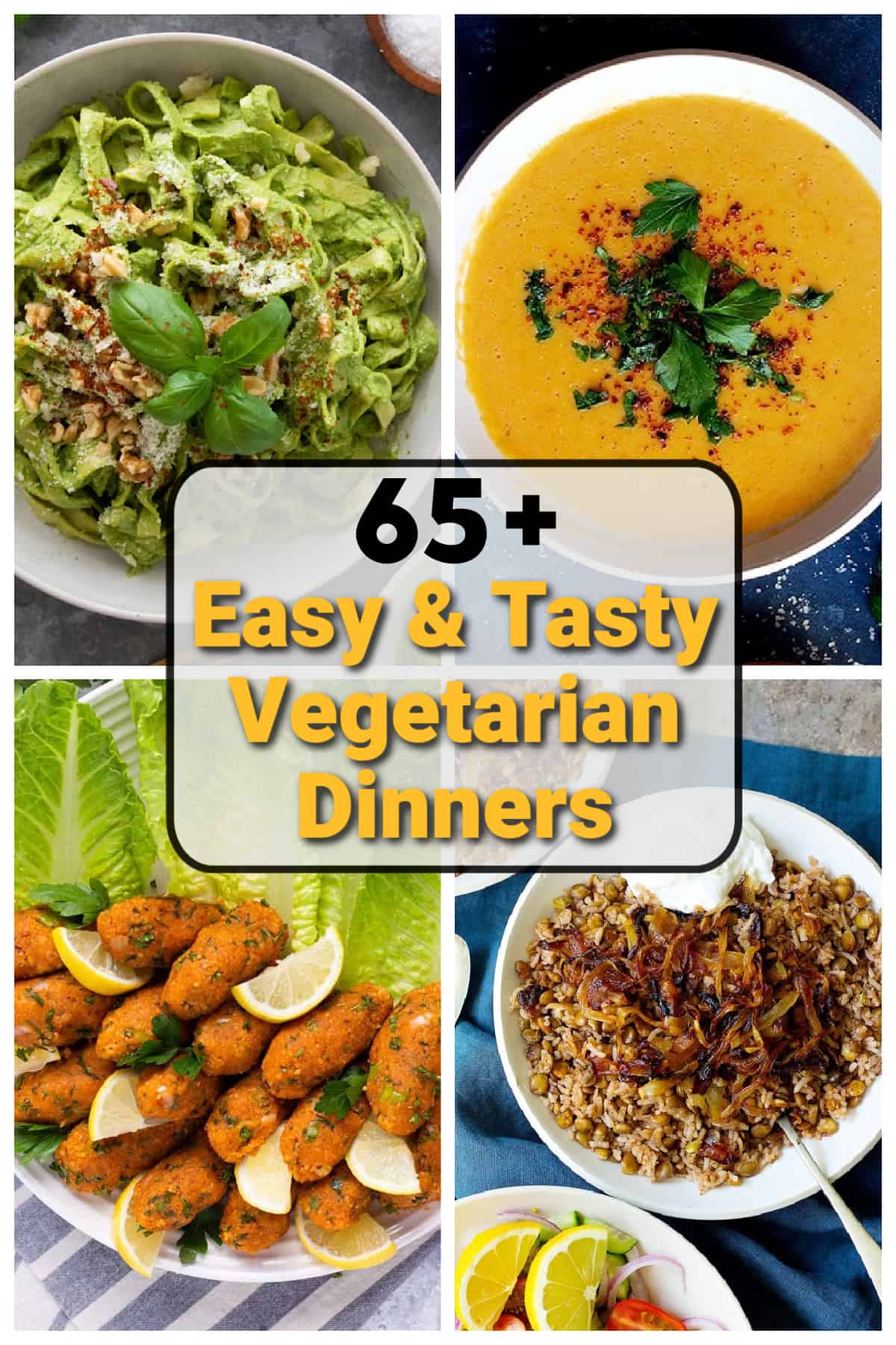 four photos of vegetarian dinners. 