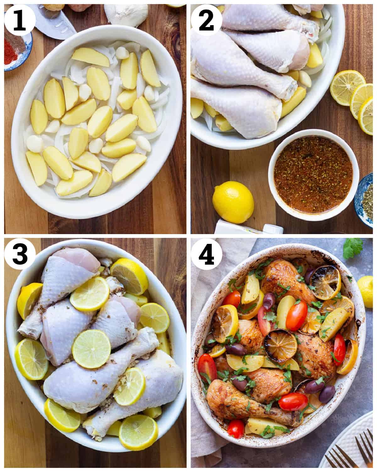 place the potatoes and onions and garlic in a dish then add the chicken and broth and spices. Top with lemon and bake in the oven. 