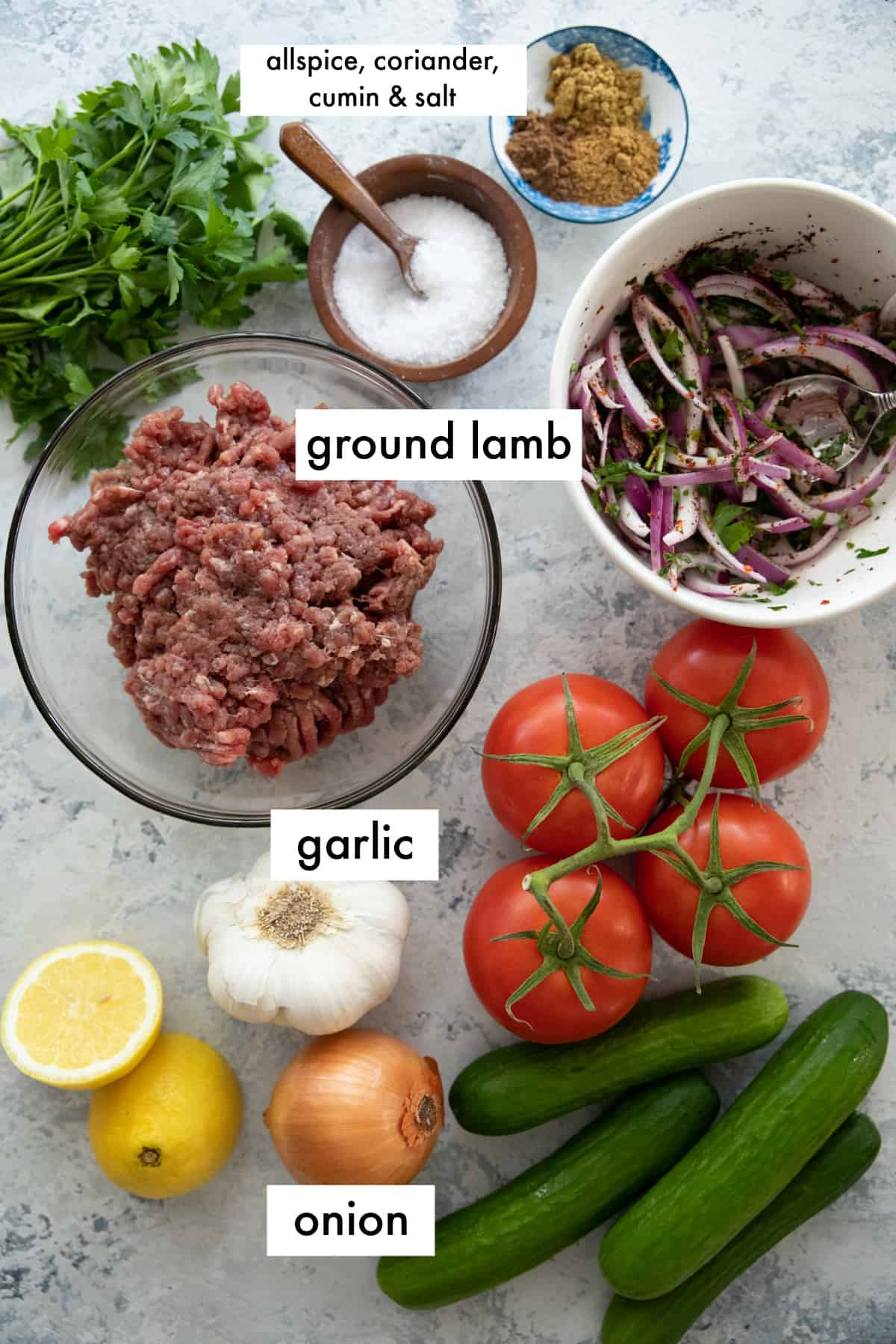 ingredients ground lamb, garlic onion spices and vegetables. 