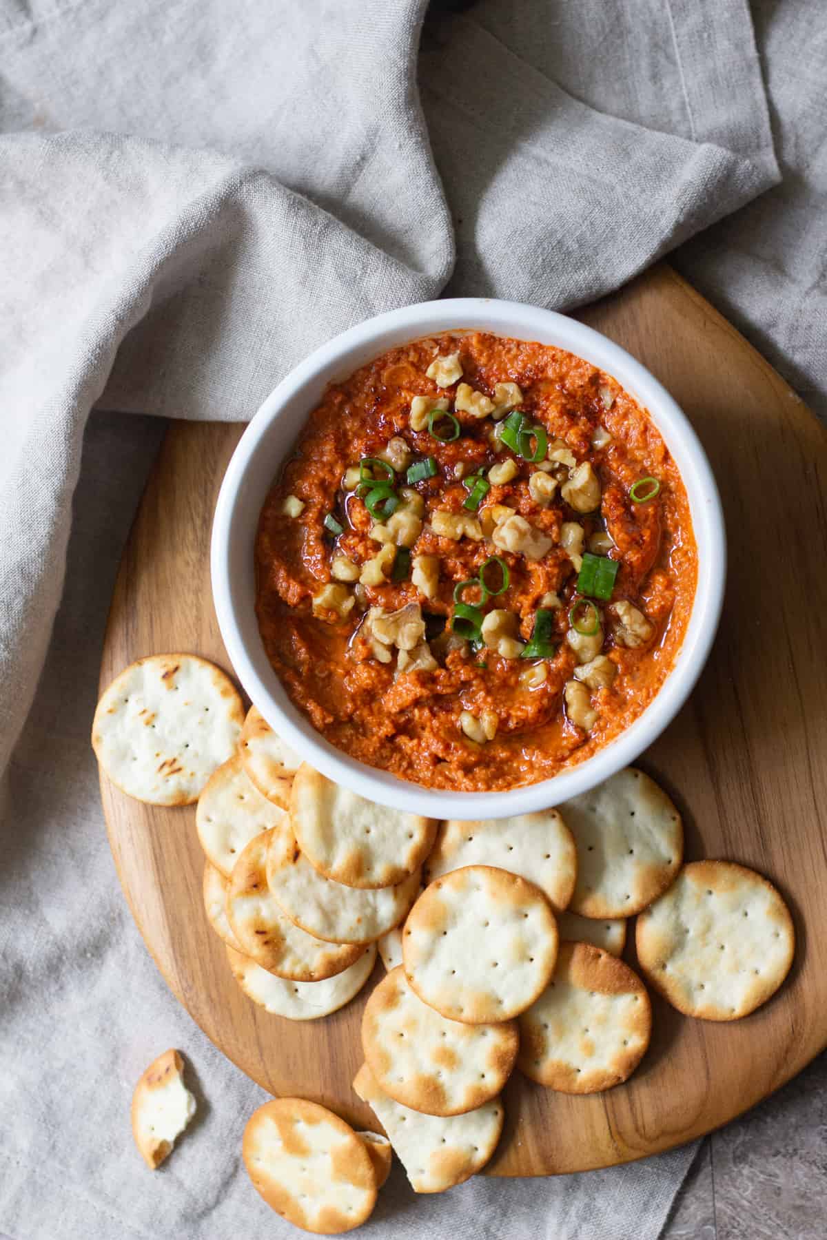 You can serve muhammara with pita crackers, pita chips or fresh pita bread. 