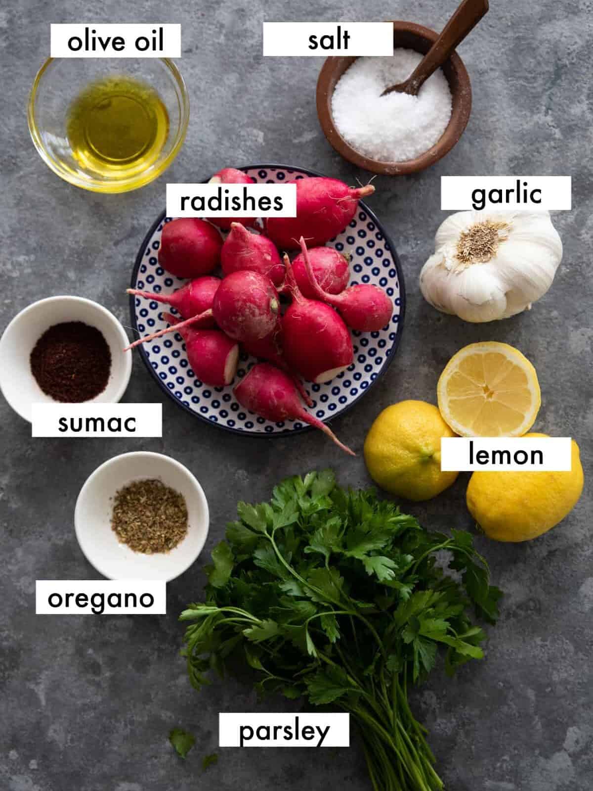 you need radishes, lemon, salt, spices and olive oil. 