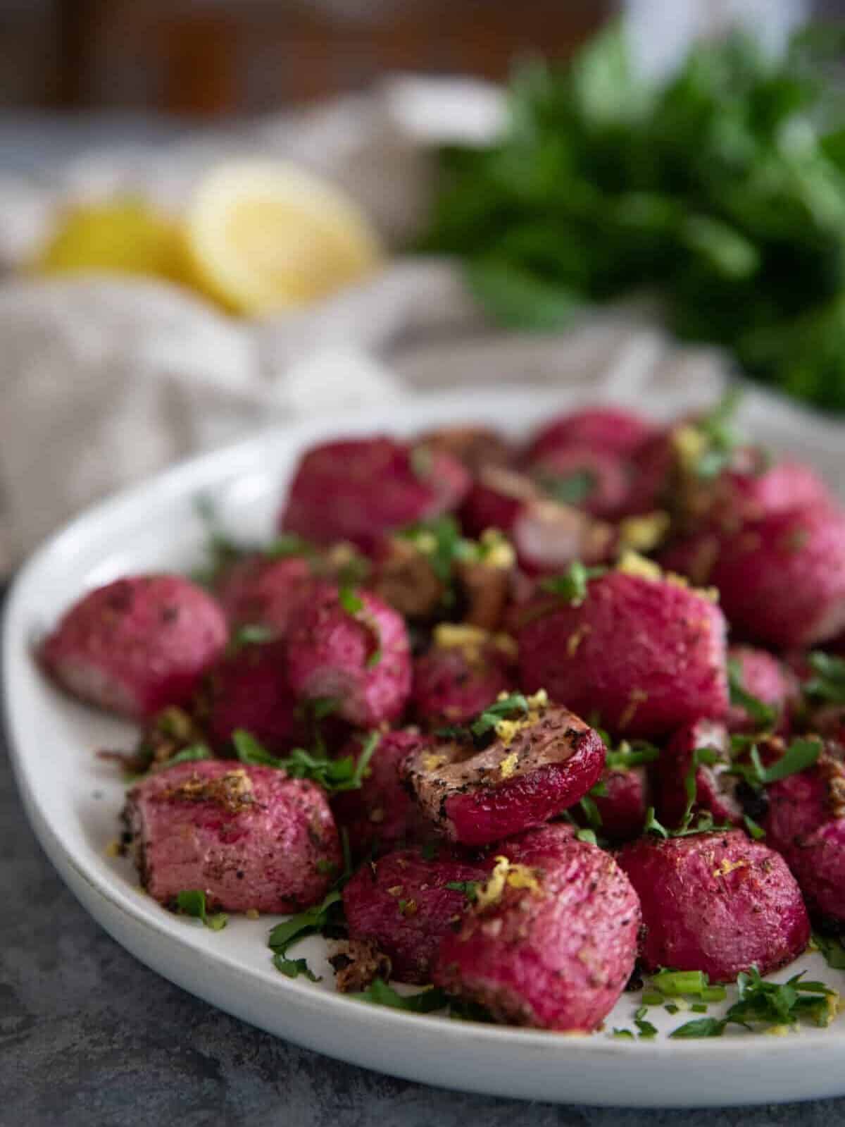 closeup shot of radishes roasted in the oven