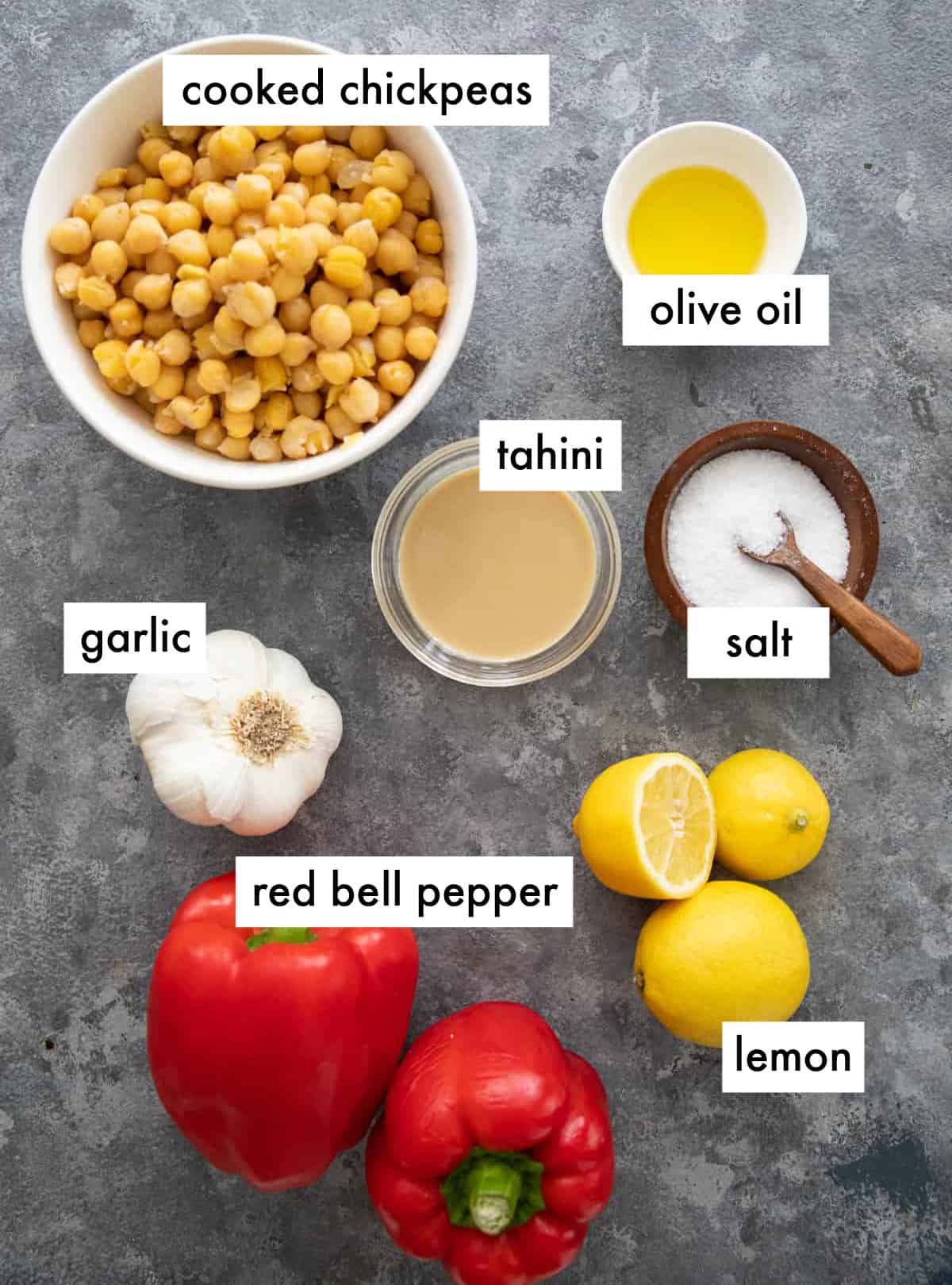 chickpeas, red bell peppers, olive oil, salt, lemon tahini and garlic.