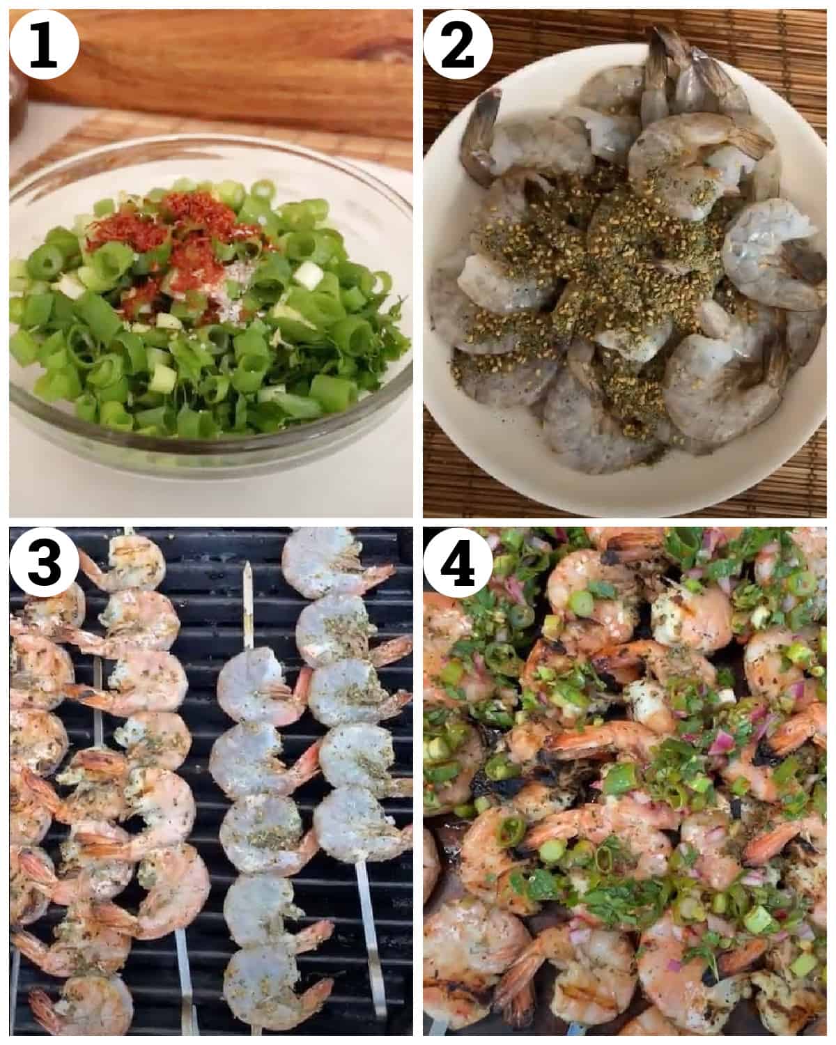 make the sauce, marinate the shrimp, thread and grill the shrimp then top with the sauce.