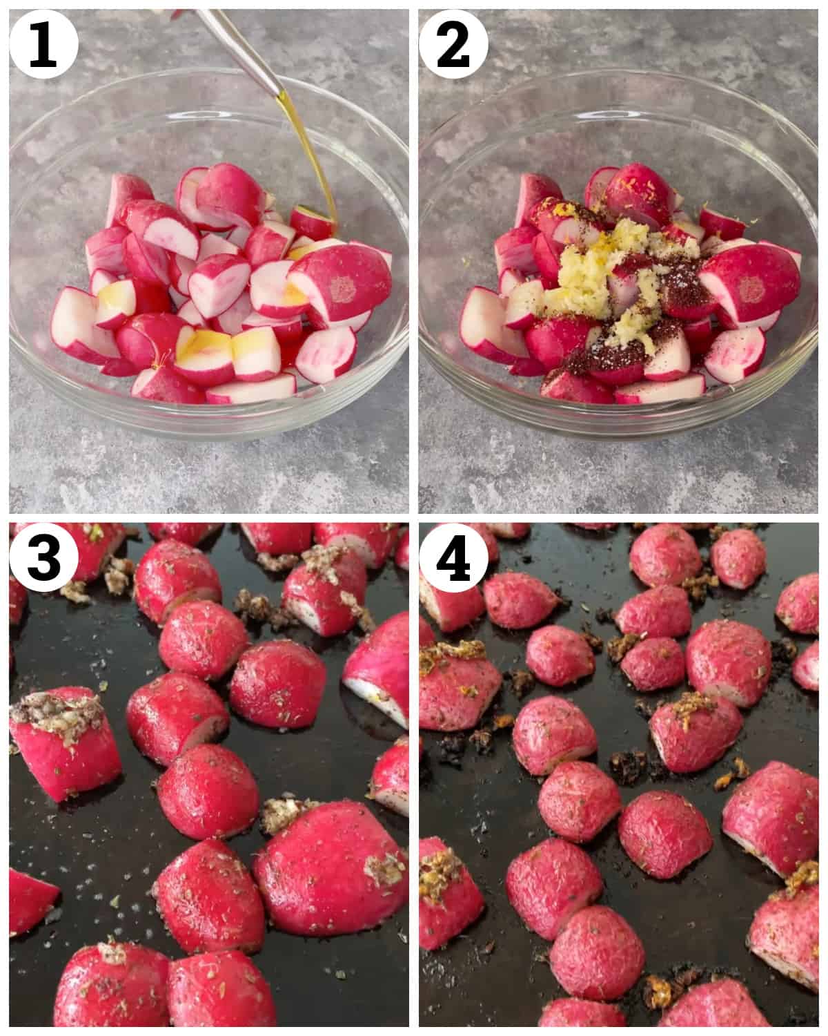 mix the radishes with olive oil and seasoning then roast for 25 minutes.