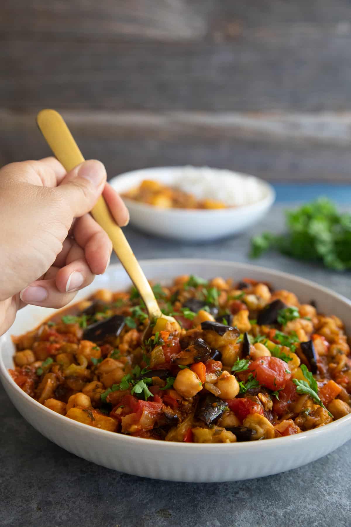 front shot of eggplant chickpea stew vegetarian. 