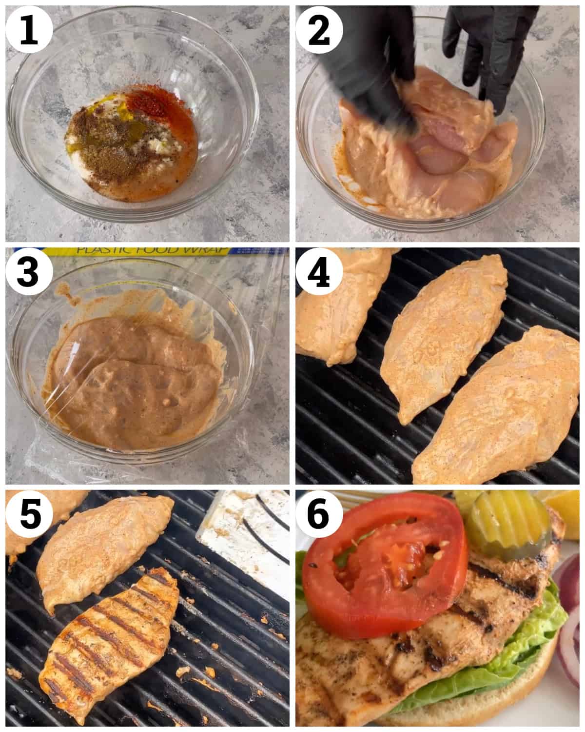 marinate the chicken for 2 to 6 hours. Grill for 5 minutes on each side and assemble the sandwiches. 