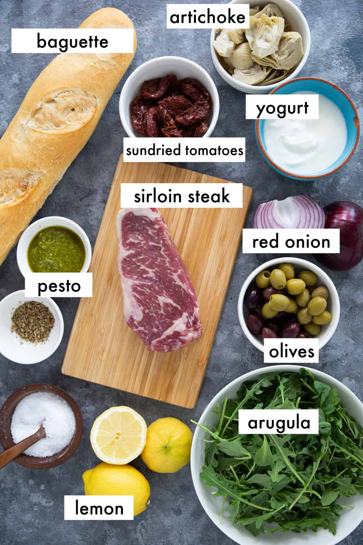 for this recipe you need steak, vegetables, pesto, arugula and yogurt. 