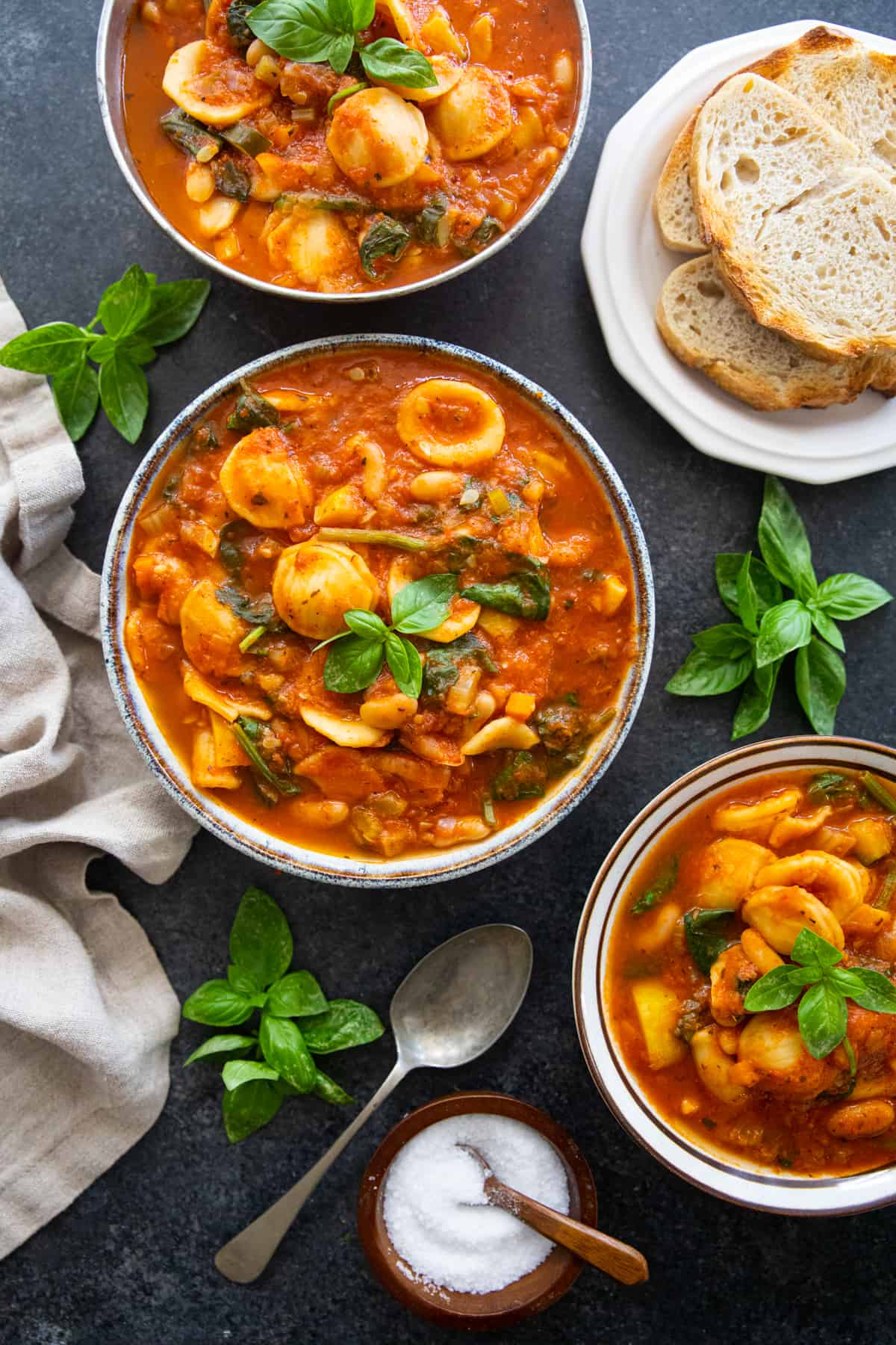 three bowls of Italian vegetable soup on a  dark backdrop with basils and spoons.