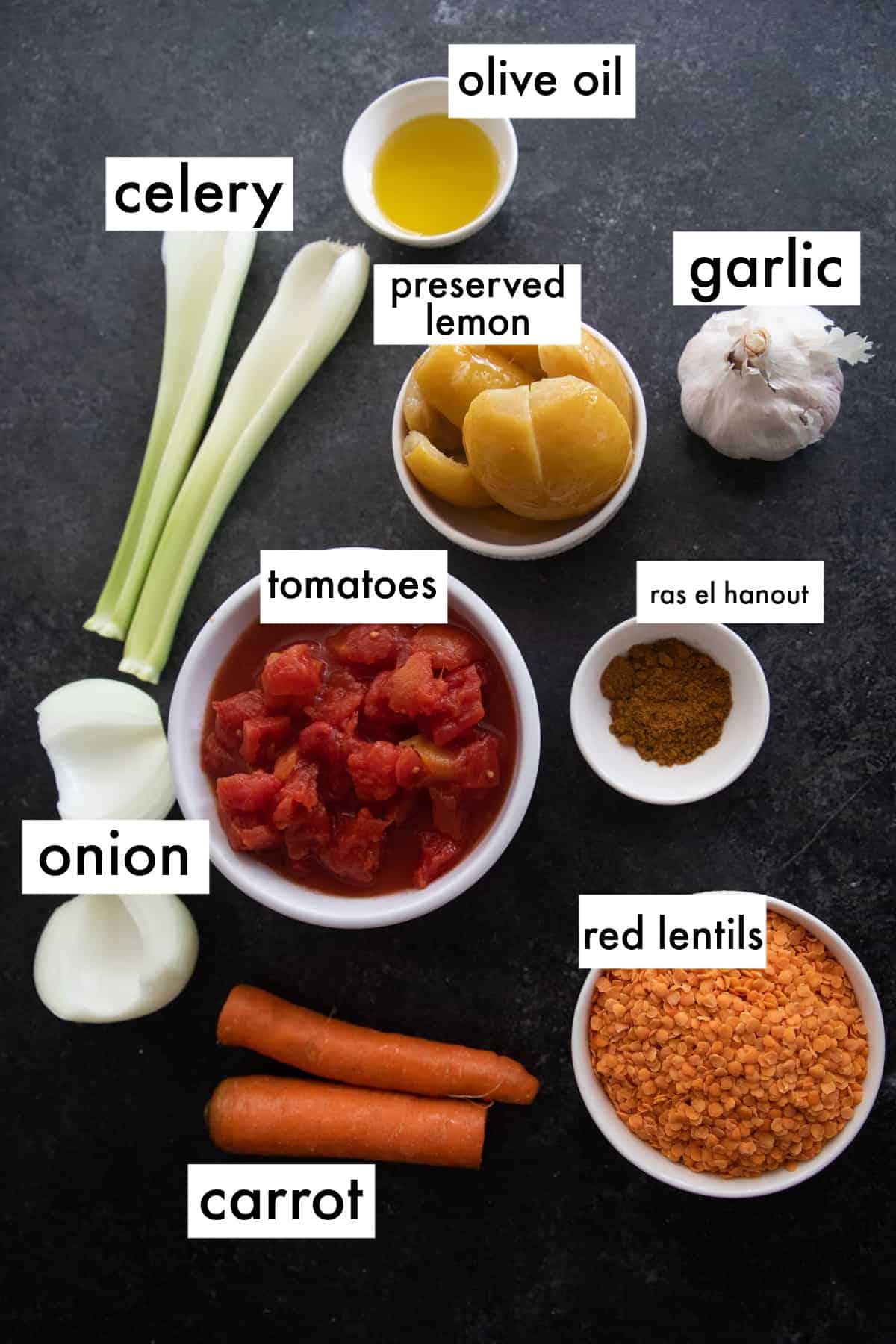 to make this recipe you need onion, garlic, celery, carrots, red lentils, spices, lemon, red lentils and tomatoes.