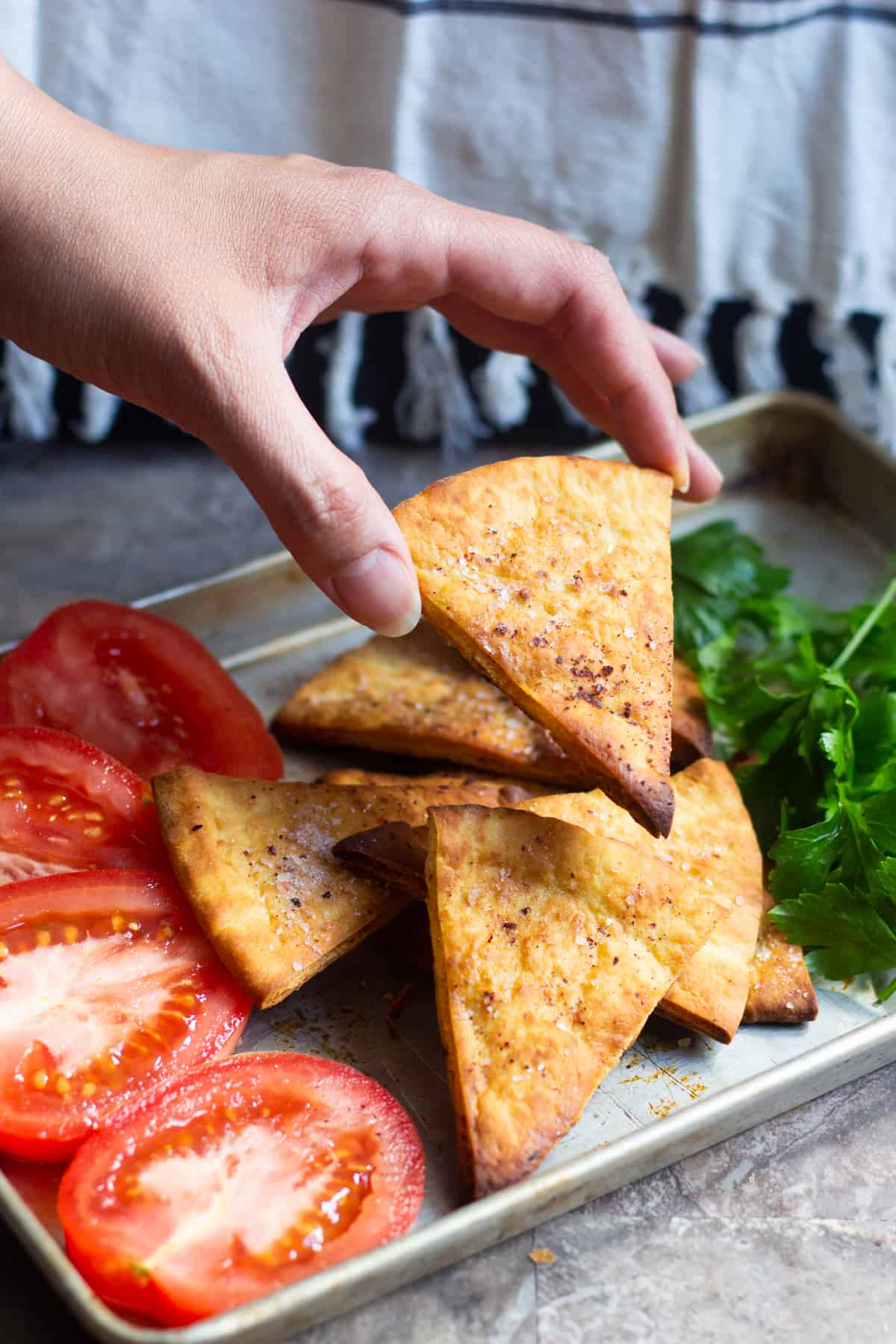 Serve pita chips with hummus or yogurt dips. 