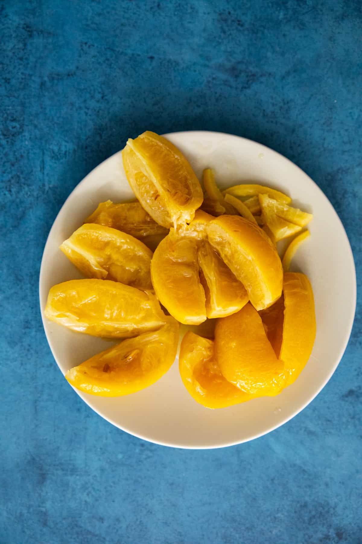 a plate of preserved lemons. 