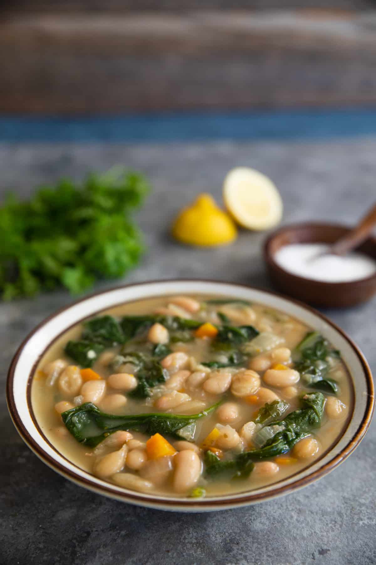 front shot of a cannelini bean soup with spinach on a grey backdrop. 