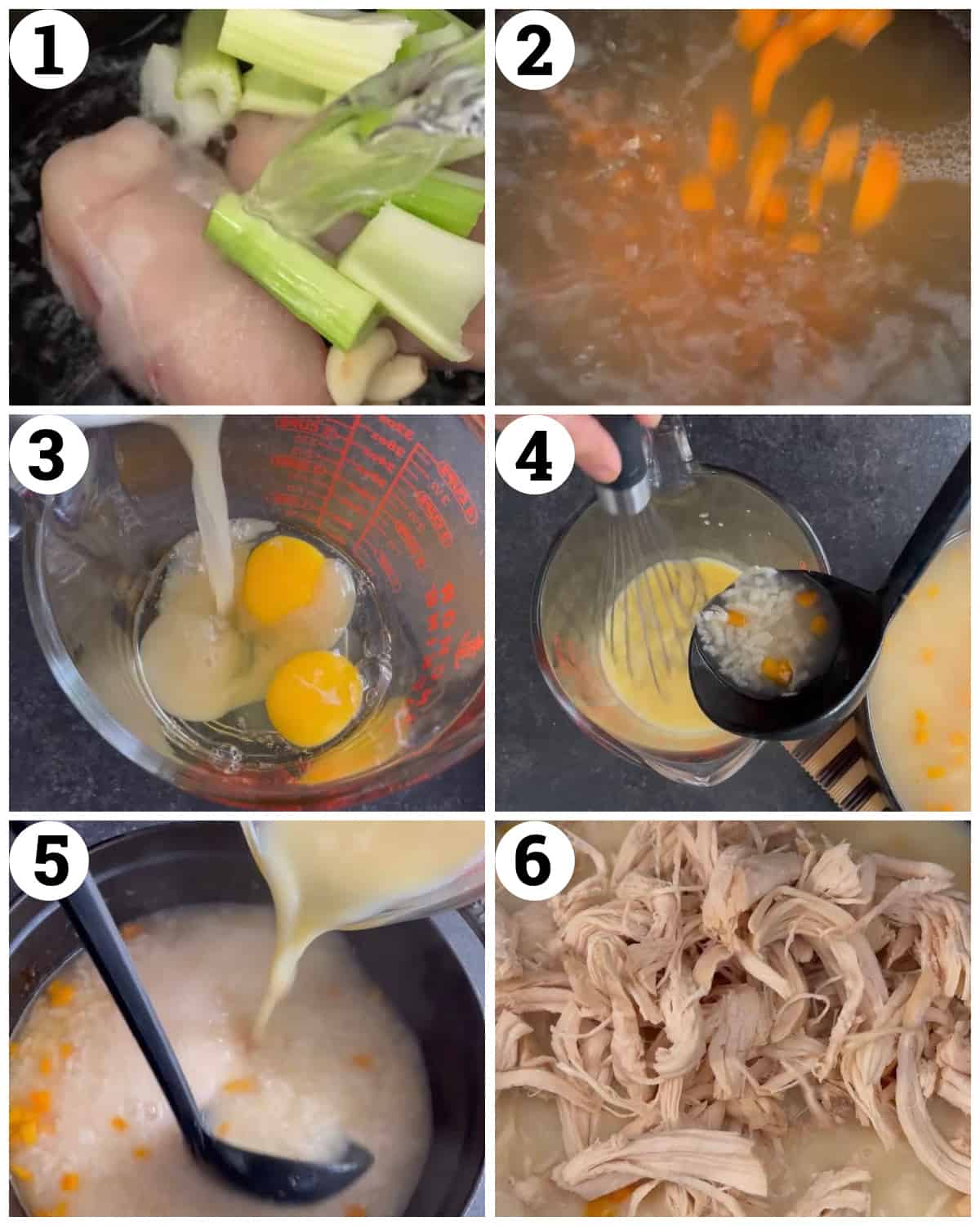 cook the chicken with the vegetables. Cook the rice and carrots in the broth then temper the eggs and lemon juice with the soup. Return and add the chicken. 