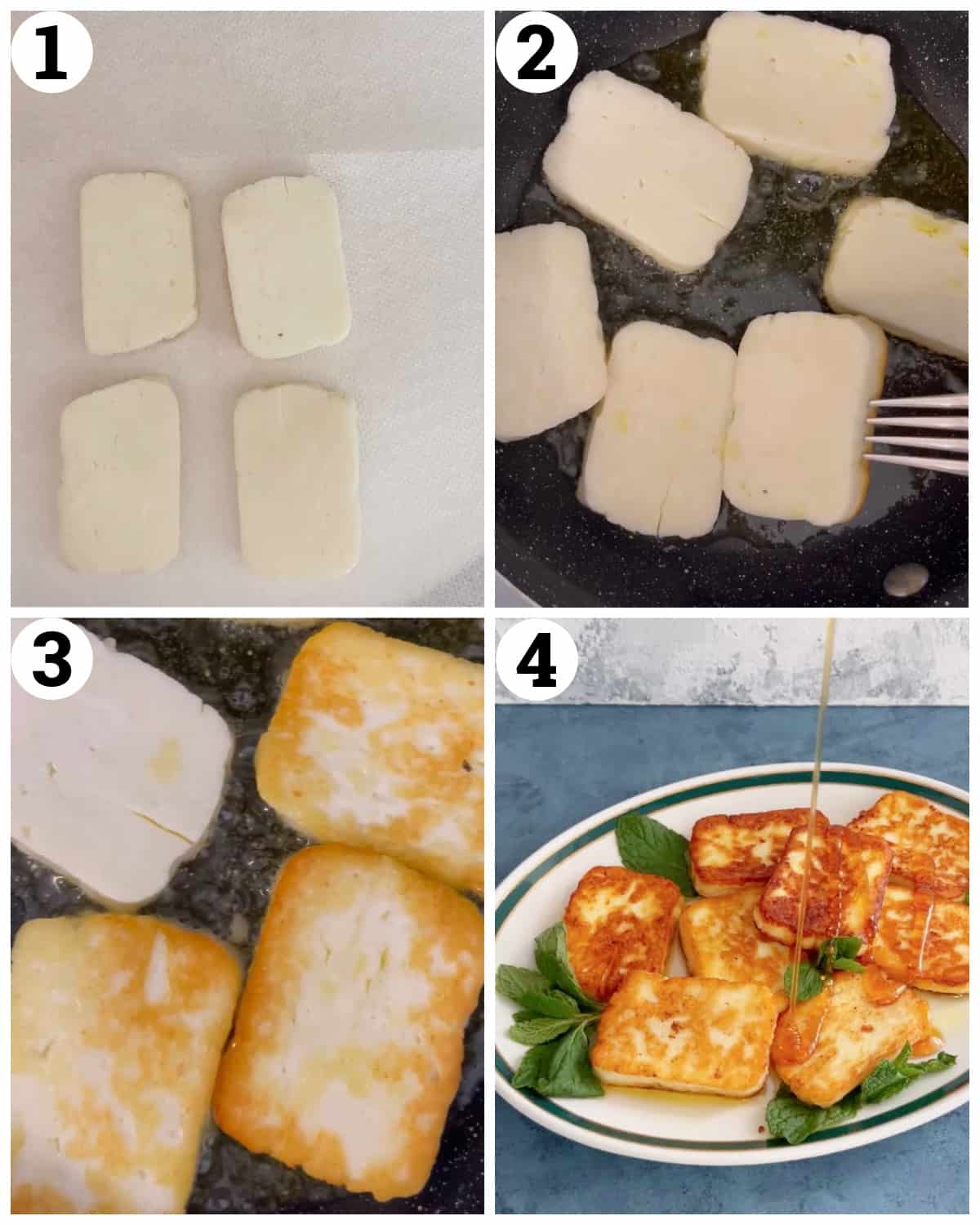 pat dry the halloumi and sear in olive oil finish with honey and spices. 