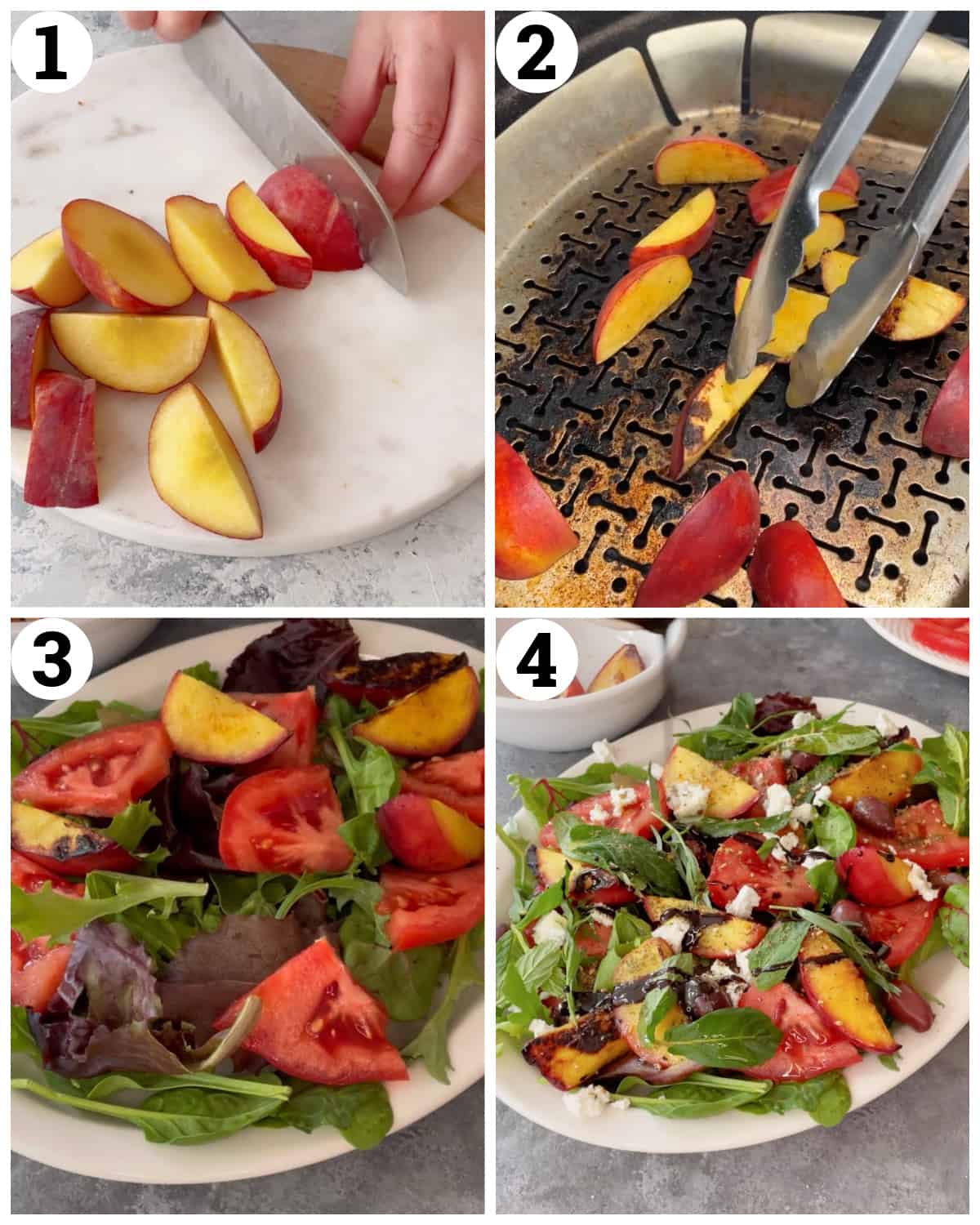 slice and grill the peaches, assemble the salad and top with pomegranate molasses and olive oil and zaatar. 