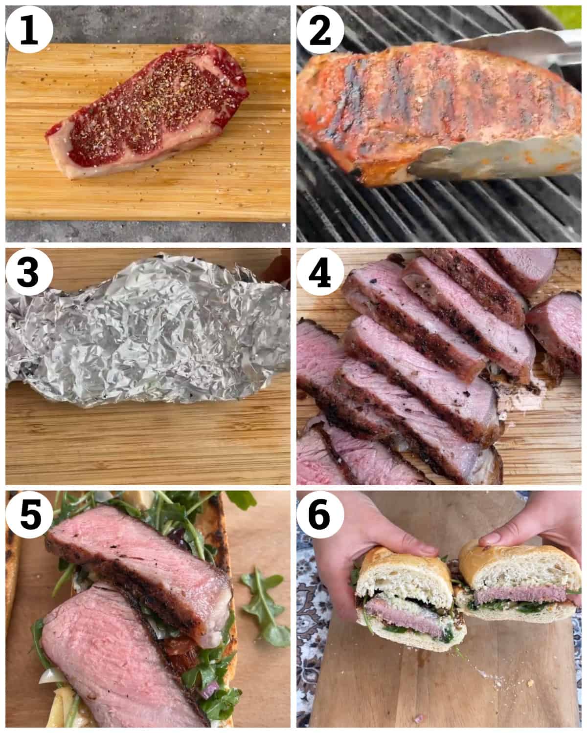 season and grill the steak then rest and slice. Assemble the sandwiches.