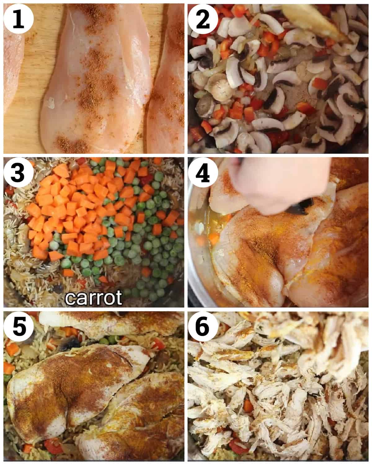 season the chicken, saute the vegetables then add the rice and chicken and water. Cook then shred the chicken and serve. 