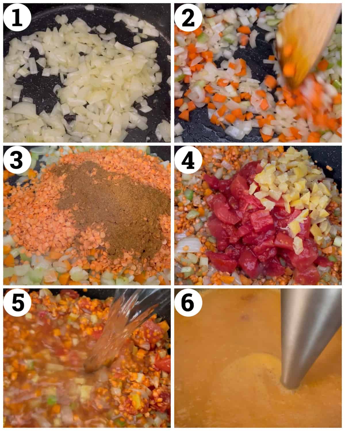 saute the onion add the garlic celery and carrots. add the red lentils and spices. Add the tomatoes and lemon then add the water and cook for 25 minutes.