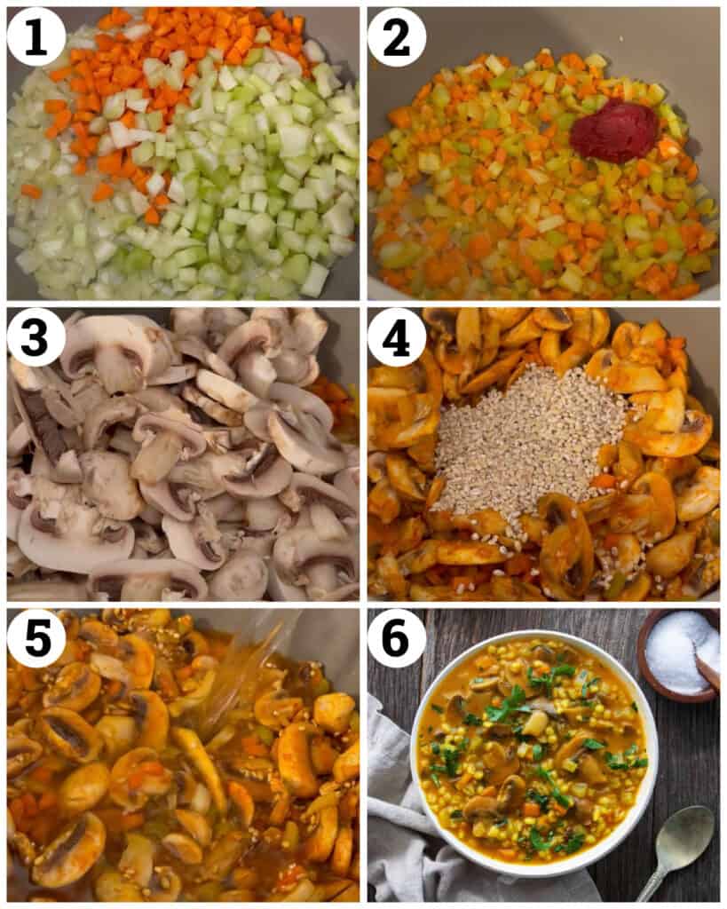 saute the vegetables add teh spices add the mushrooms and barley add the water and cook until the barley is tender. 