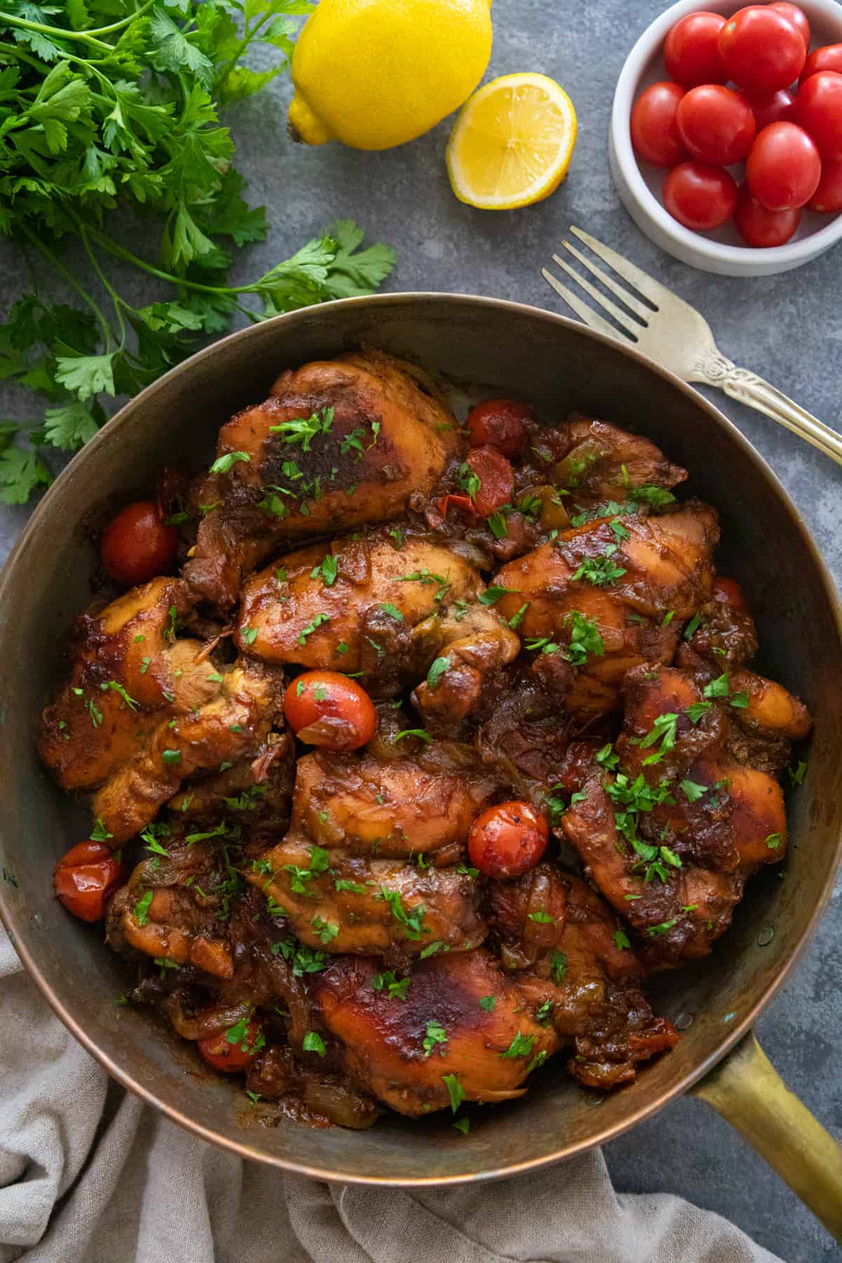 balsamic chicken in a pan. 